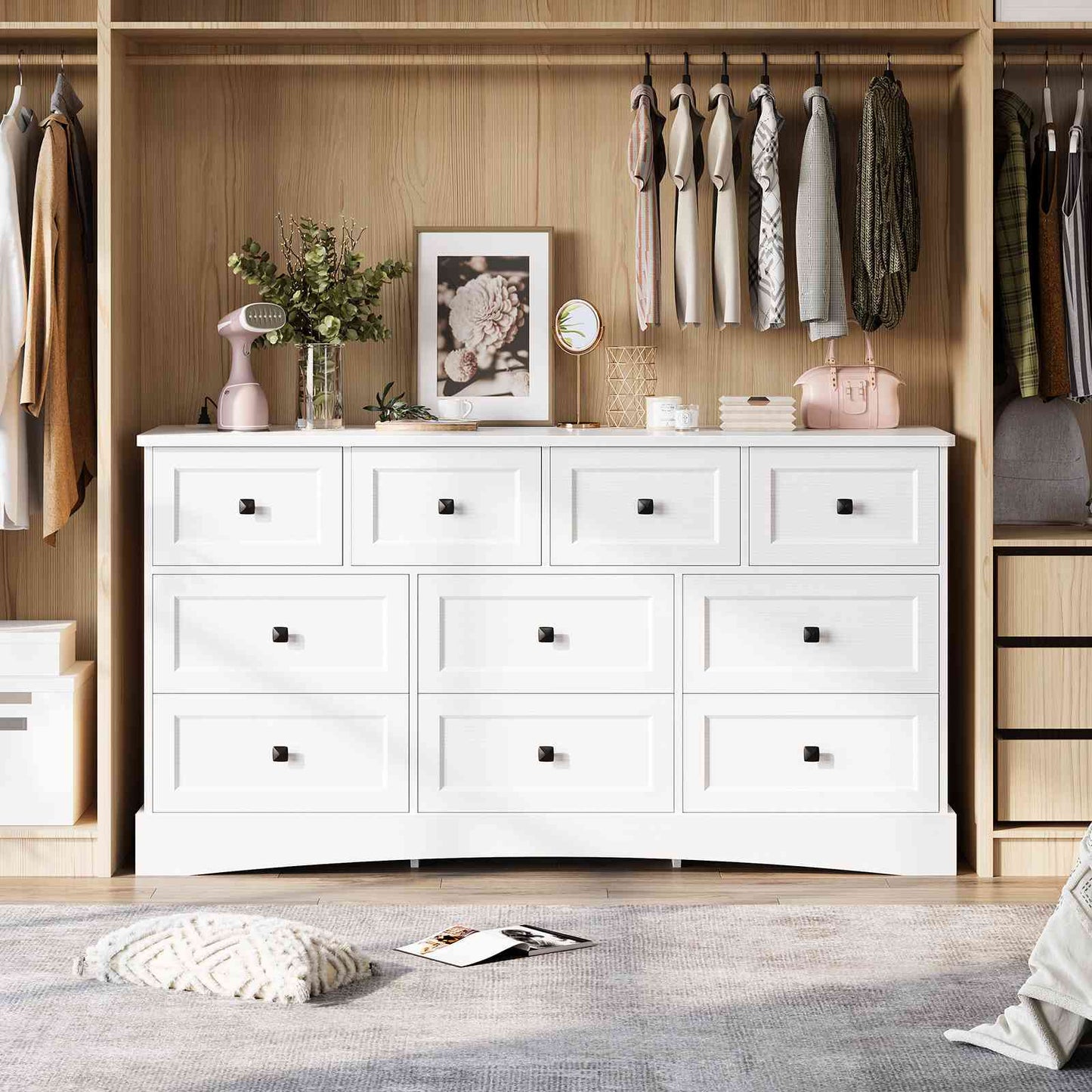 Hasuit | 55.2 Inch Dresser with 10 Drawers and Charging Station Farmhouse Long Drawer Dresser Wooden Storage Tower Organizer for Bedroom Closet
