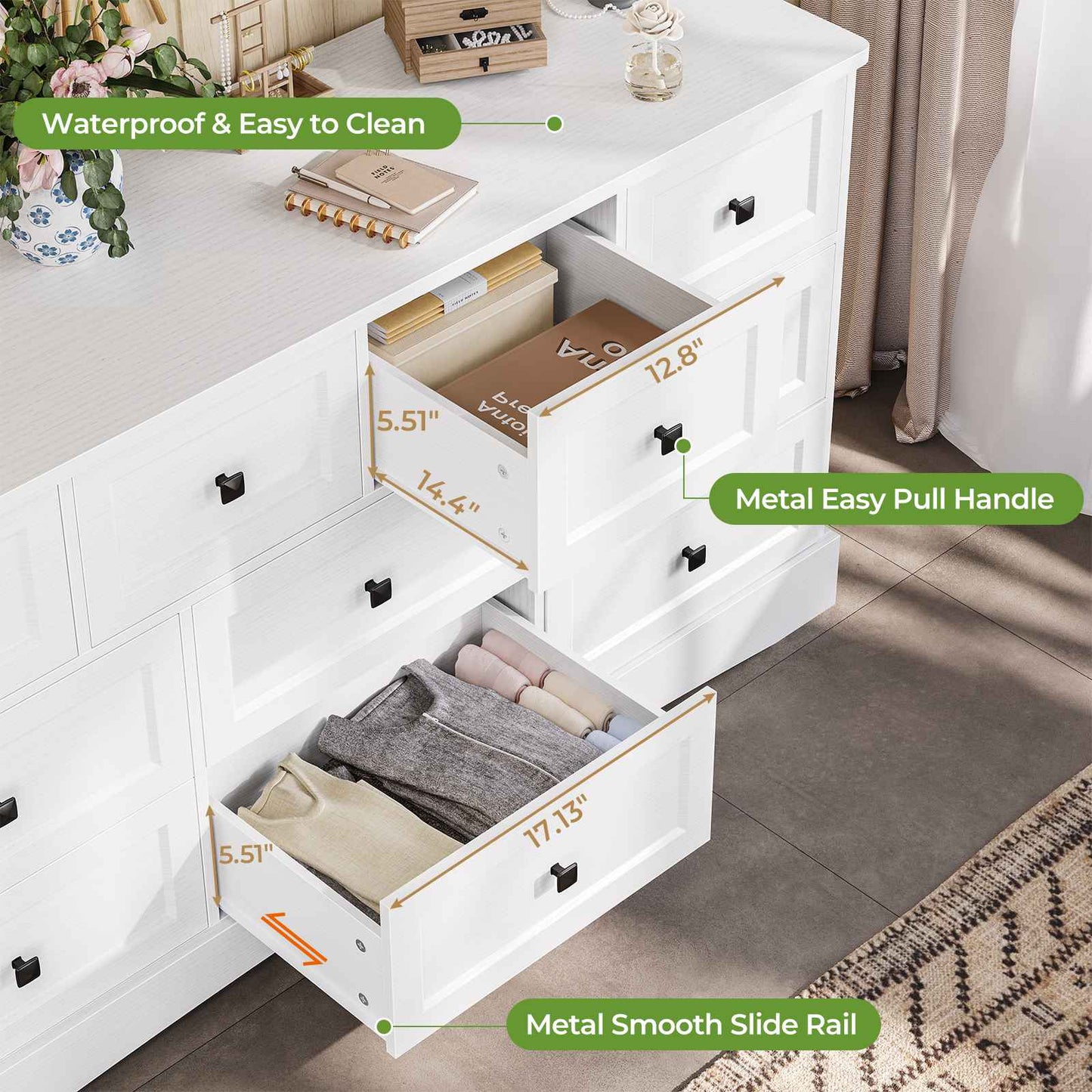Hasuit | 55.2 Inch Dresser with 10 Drawers and Charging Station Farmhouse Long Drawer Dresser Wooden Storage Tower Organizer for Bedroom Closet