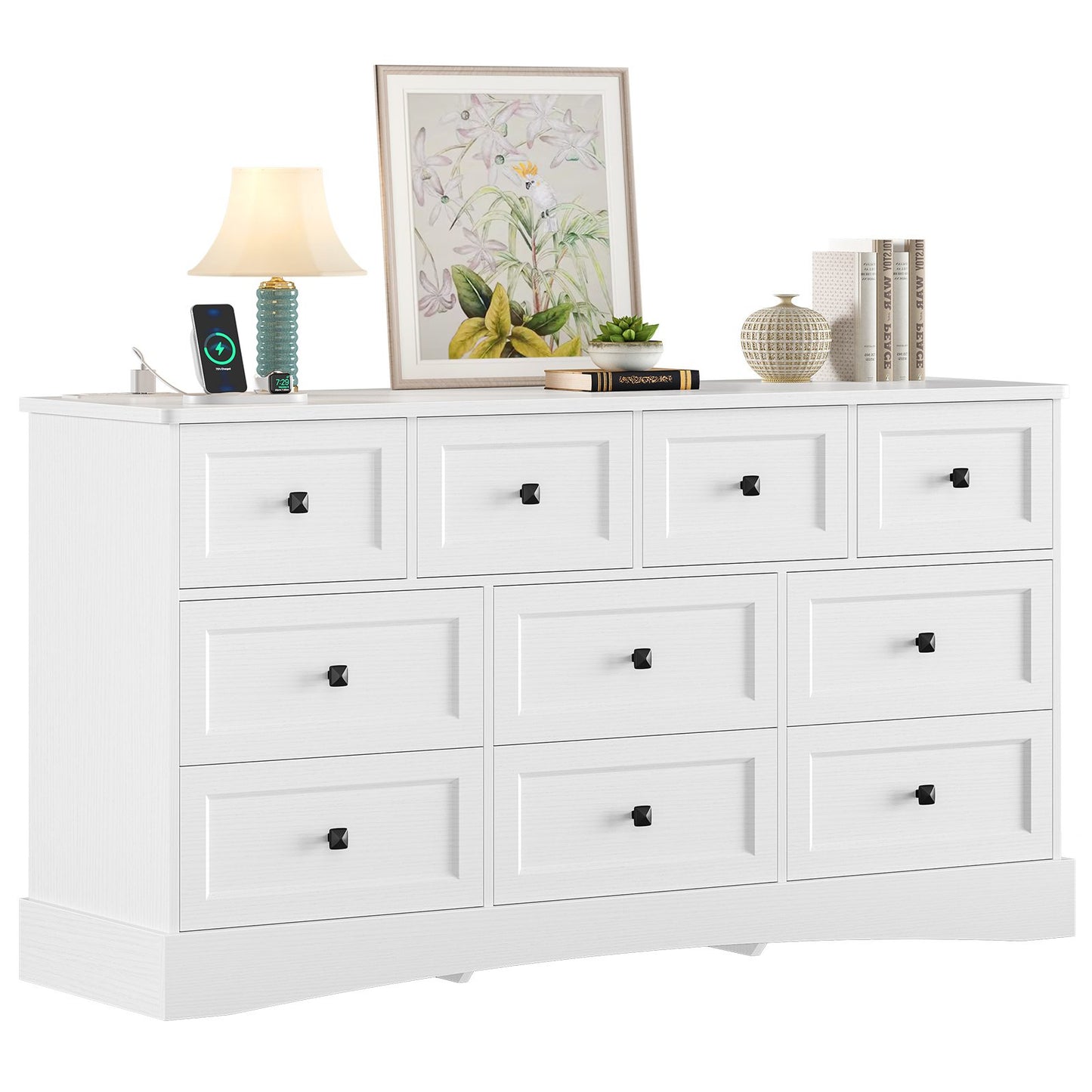 Hasuit | 55.2 Inch Dresser with 10 Drawers and Charging Station Farmhouse Long Drawer Dresser Wooden Storage Tower Organizer for Bedroom Closet
