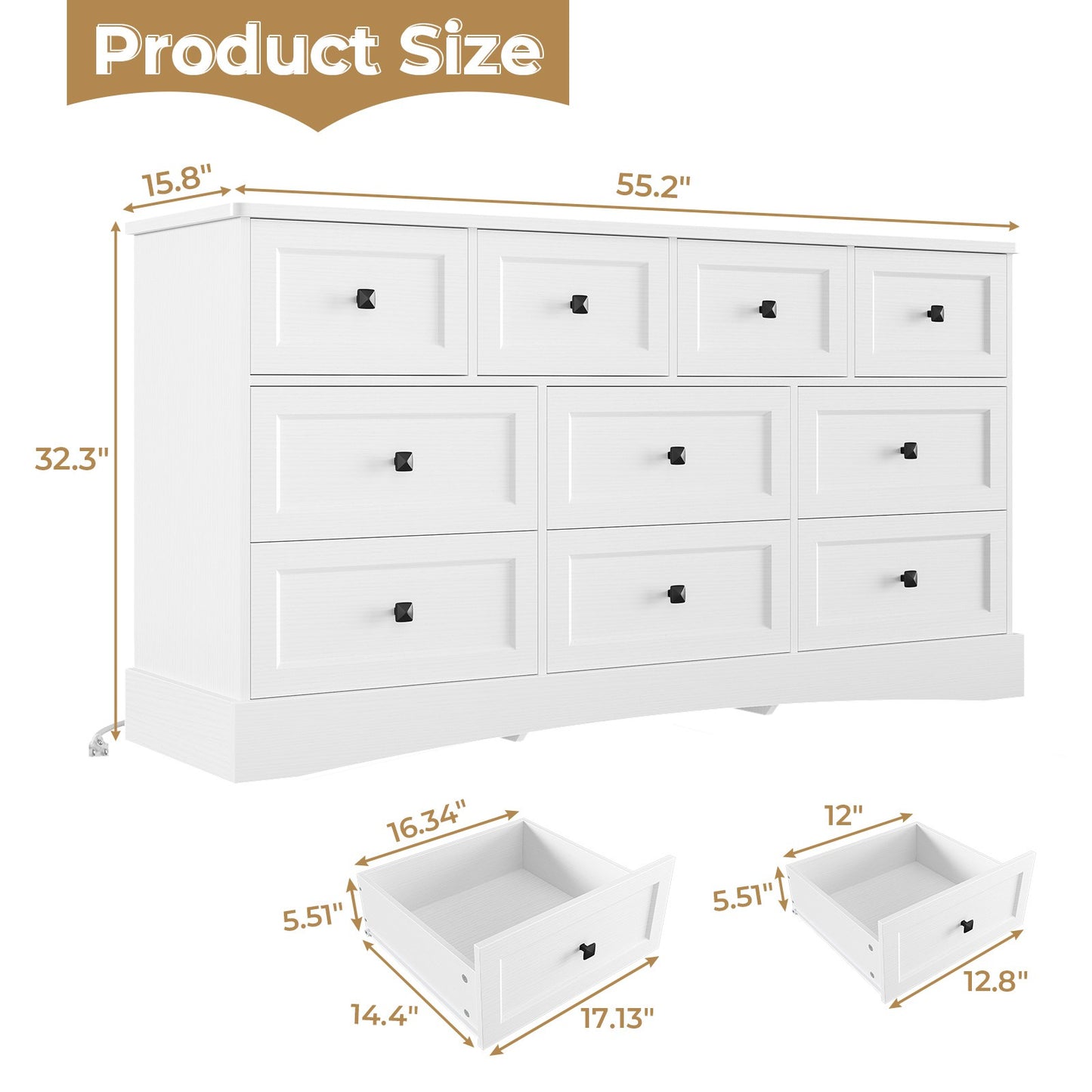 Hasuit | 55.2 Inch Dresser with 10 Drawers and Charging Station Farmhouse Long Drawer Dresser Wooden Storage Tower Organizer for Bedroom Closet