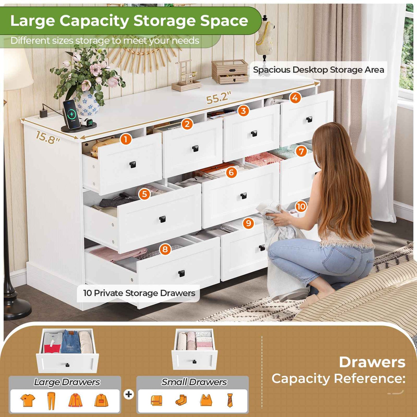 Hasuit | 55.2 Inch Dresser with 10 Drawers and Charging Station Farmhouse Long Drawer Dresser Wooden Storage Tower Organizer for Bedroom Closet