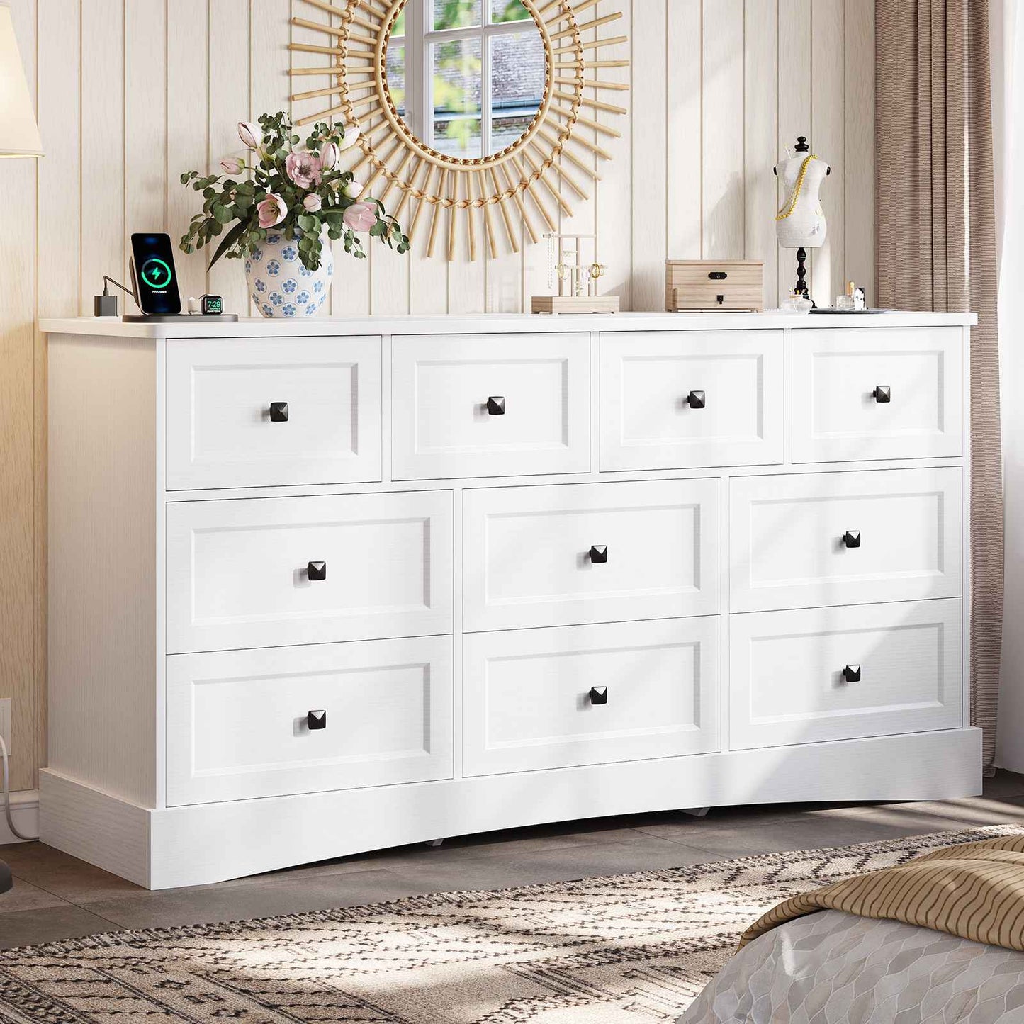 Hasuit | 55.2 Inch Dresser with 10 Drawers and Charging Station Farmhouse Long Drawer Dresser Wooden Storage Tower Organizer for Bedroom Closet