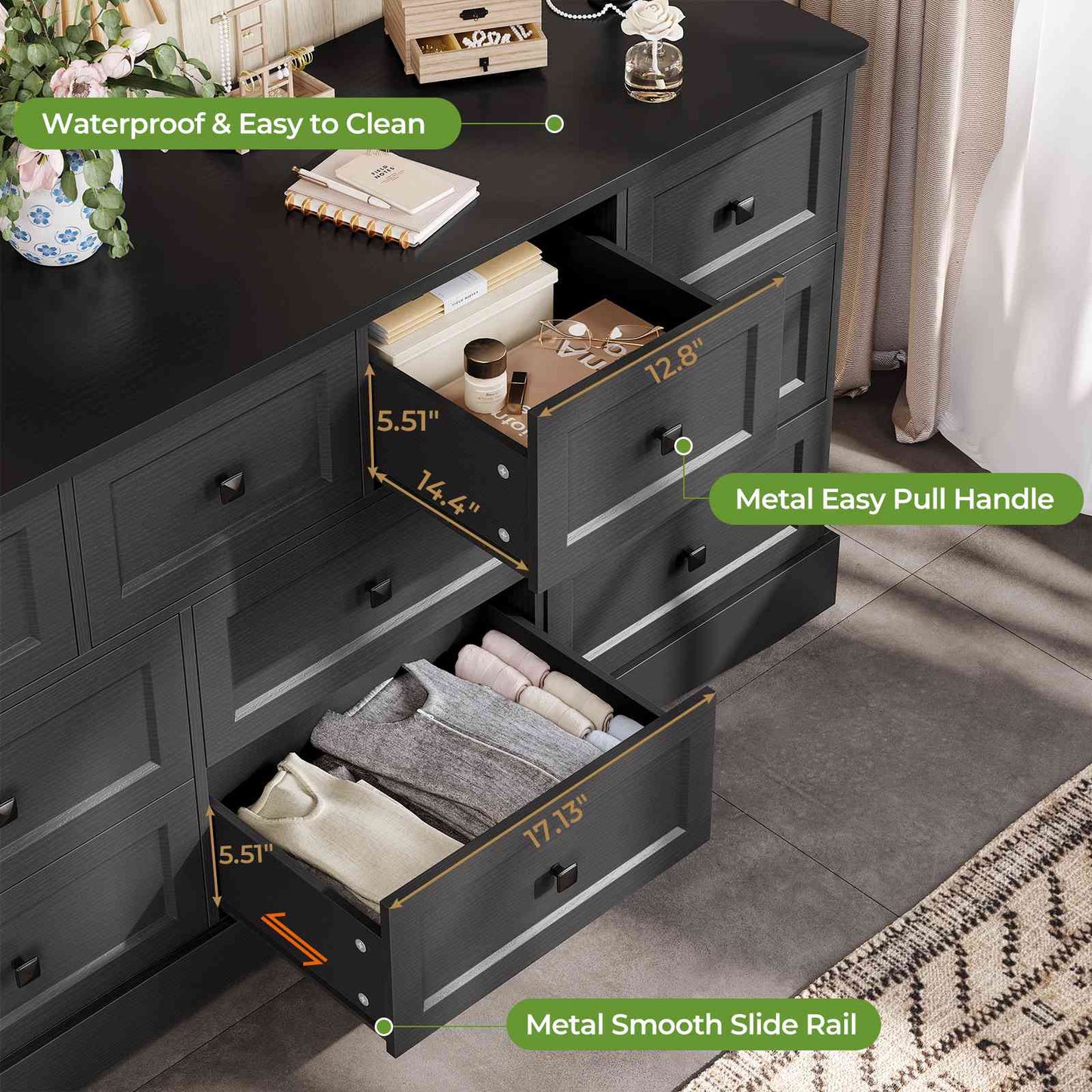 Hasuit | 55.2 Inch Dresser with 10 Drawers and Charging Station Farmhouse Long Drawer Dresser Wooden Storage Tower Organizer for Bedroom Closet