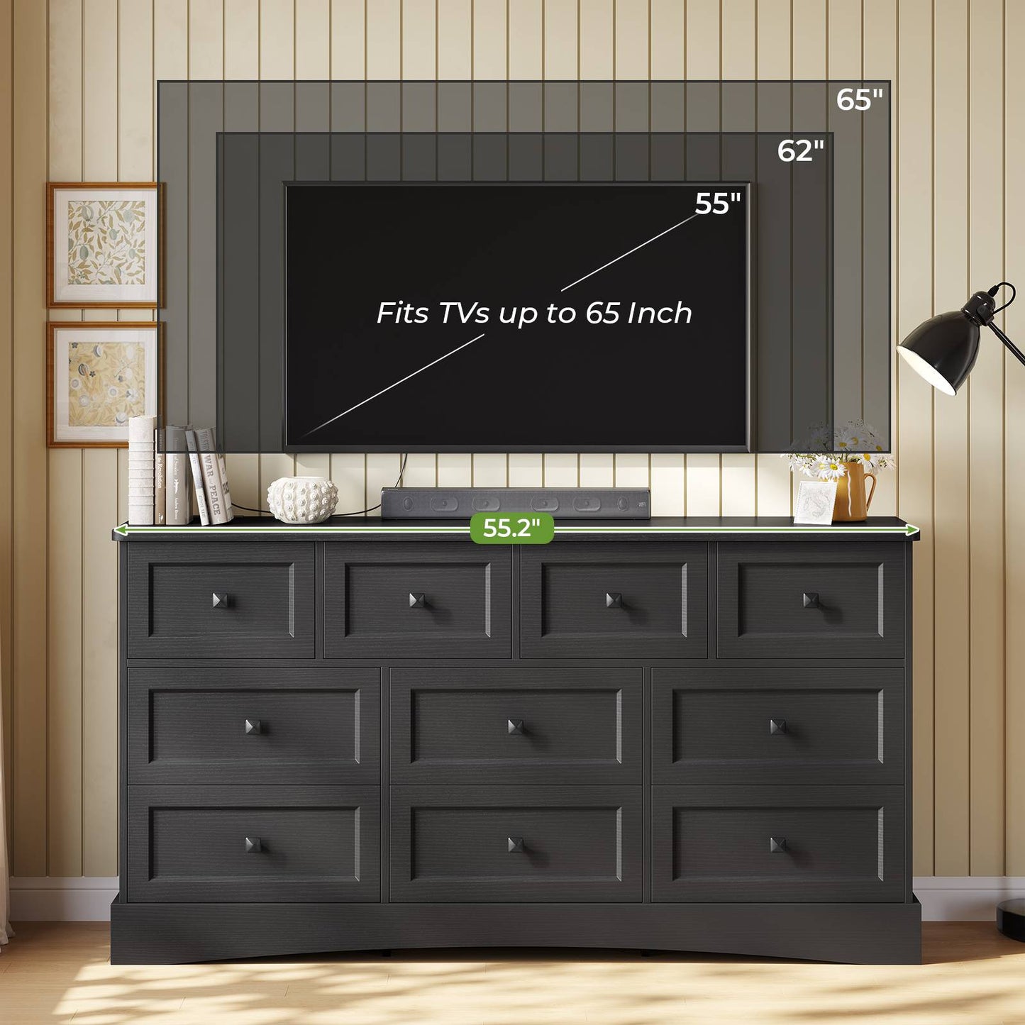 Hasuit | 55.2 Inch Dresser with 10 Drawers and Charging Station Farmhouse Long Drawer Dresser Wooden Storage Tower Organizer for Bedroom Closet