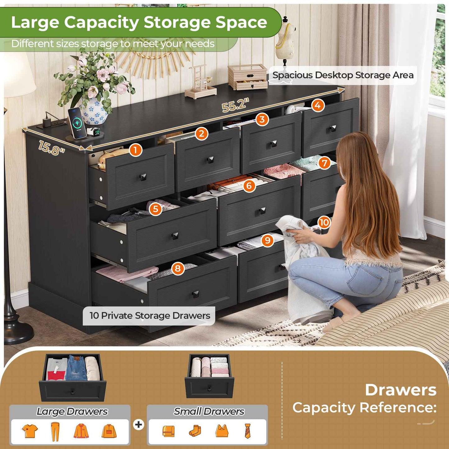 Hasuit | 55.2 Inch Dresser with 10 Drawers and Charging Station Farmhouse Long Drawer Dresser Wooden Storage Tower Organizer for Bedroom Closet