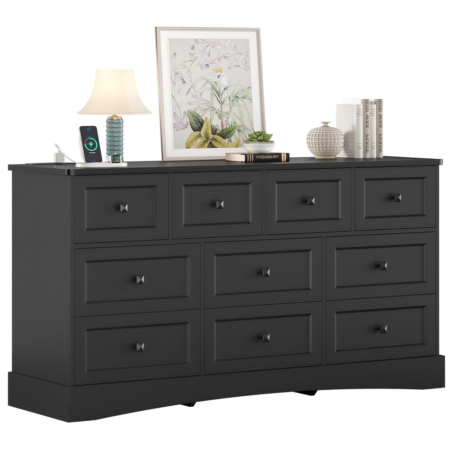 Hasuit | 55.2 Inch Dresser with 10 Drawers and Charging Station Farmhouse Long Drawer Dresser Wooden Storage Tower Organizer for Bedroom Closet