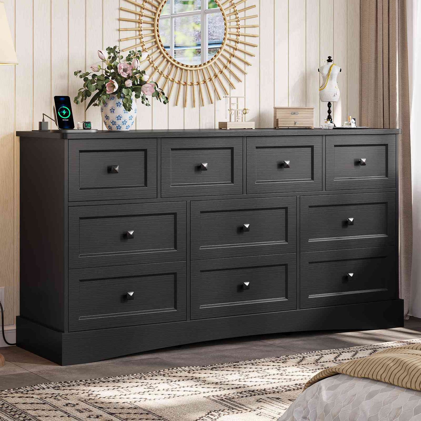 Hasuit | 55.2 Inch Dresser with 10 Drawers and Charging Station Farmhouse Long Drawer Dresser Wooden Storage Tower Organizer for Bedroom Closet