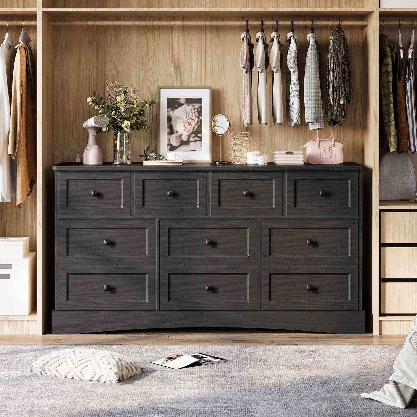 Hasuit | 55.2 Inch Dresser with 10 Drawers and Charging Station Farmhouse Long Drawer Dresser Wooden Storage Tower Organizer for Bedroom Closet