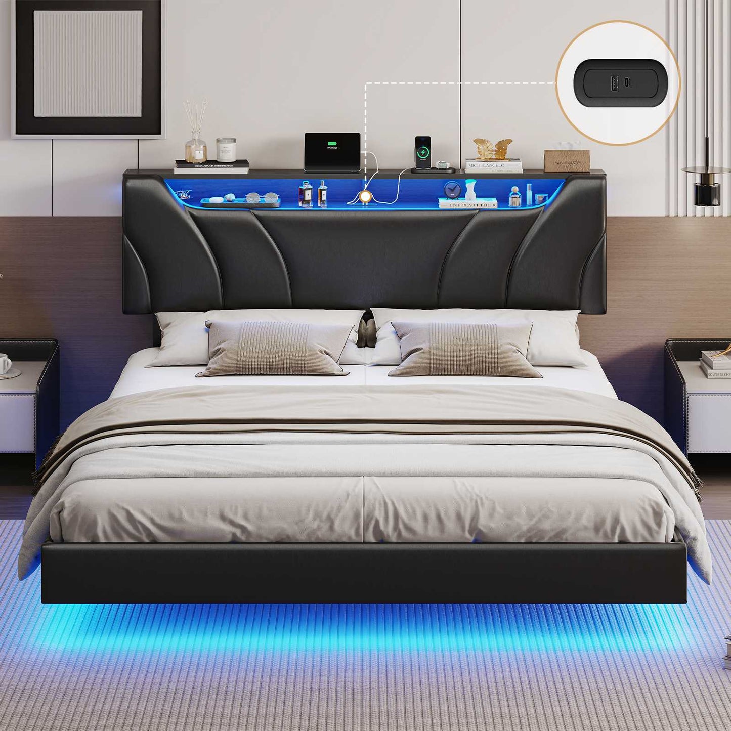 Hasuit | Queen Floating Bed Frame with Storage Headboard and LED Lights Queen Size Visual Floating LED Bed Frame with Type-C and USB Port