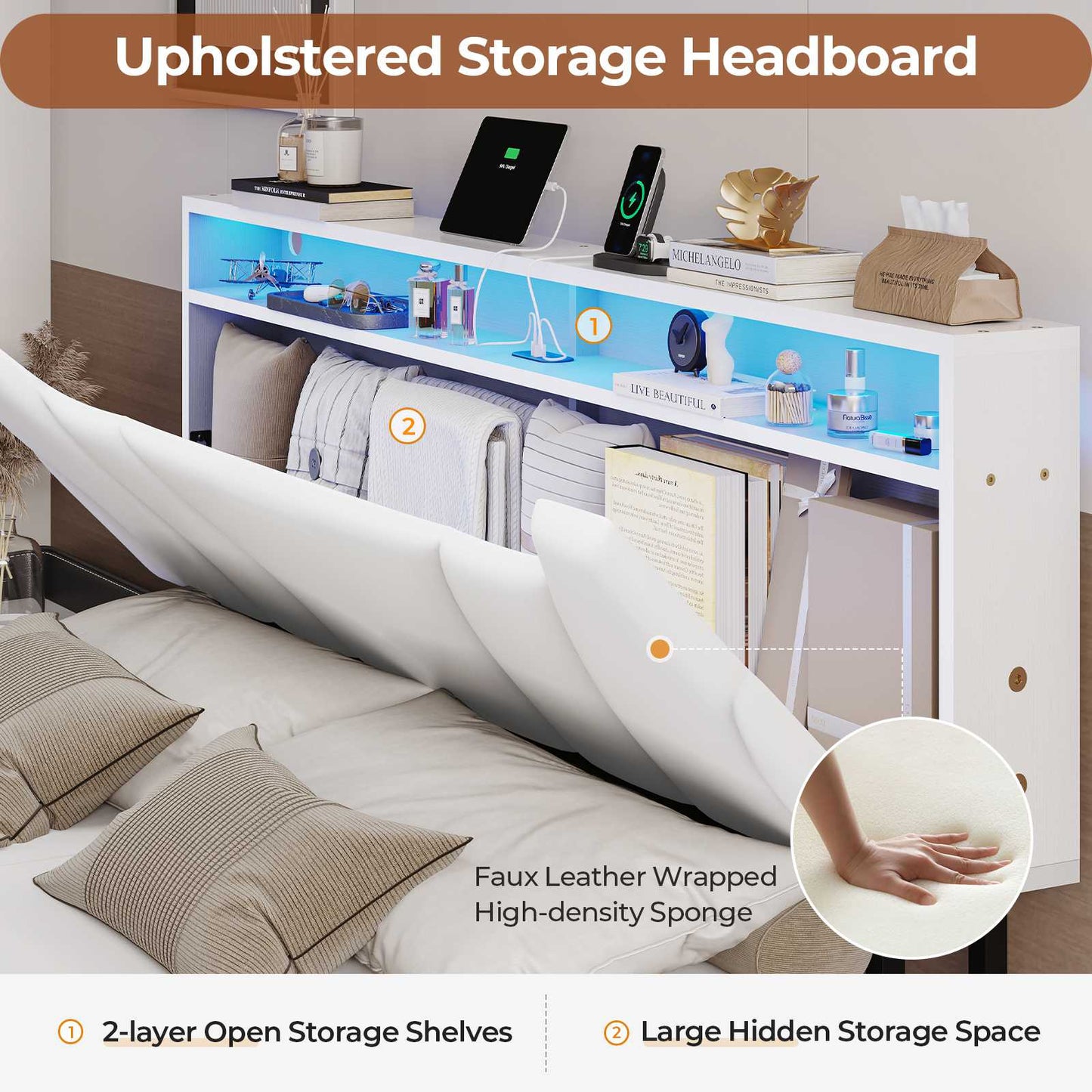 Hasuit | Queen Floating Bed Frame with Storage Headboard and LED Lights Queen Size Visual Floating LED Bed Frame with Type-C and USB Port