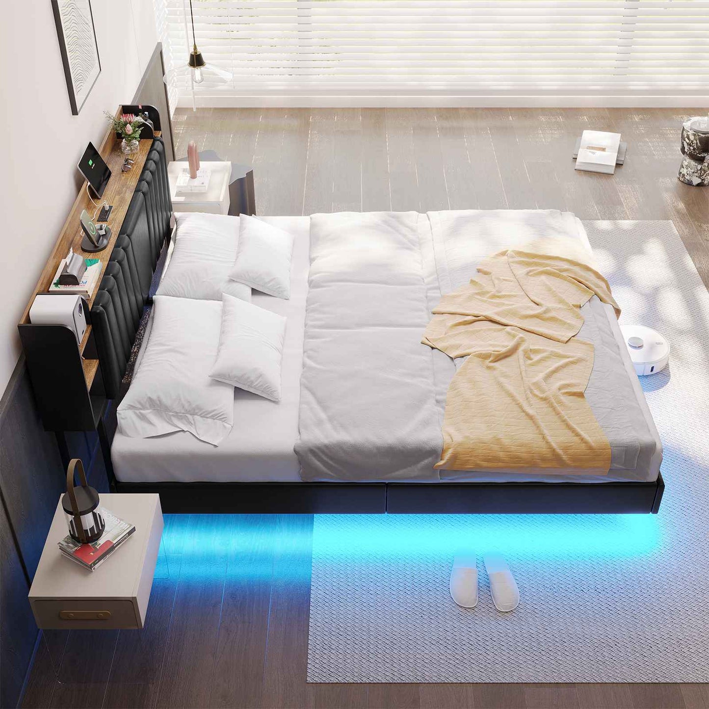 Hasuit | California King Floating Bed Frame with Hidden Storage Headboard and Charging Station Cal King Size Visual Floating Platform Bed with Led Lights