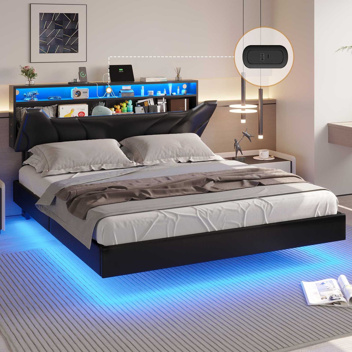 Hasuit | Floating Bed Frame Full Size with led Lights and Hidden Storage Headboard Full Led Visual Bed with Outlets Faux Leather Upholstered Platform Bed