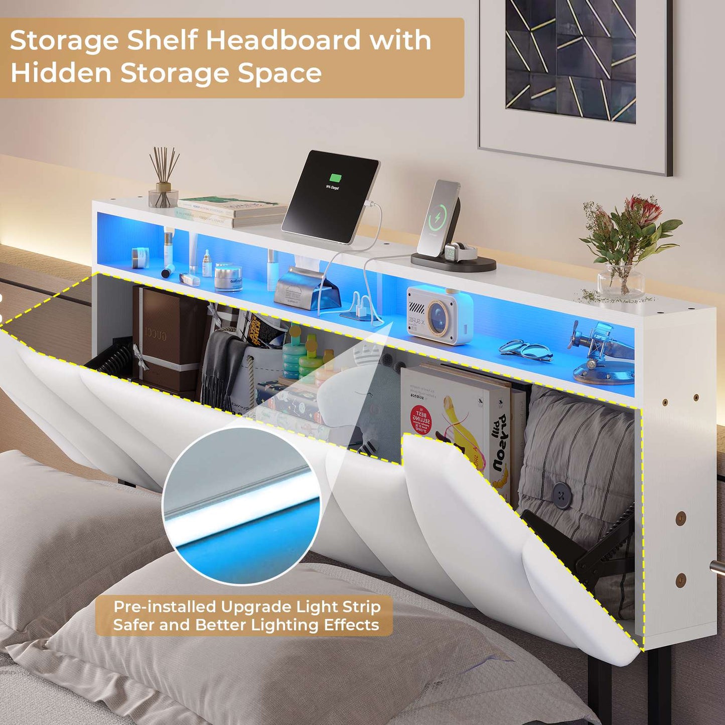 Hasuit | Floating Bed Frame Full Size with led Lights and Hidden Storage Headboard Full Led Visual Bed with Outlets Faux Leather Upholstered Platform Bed