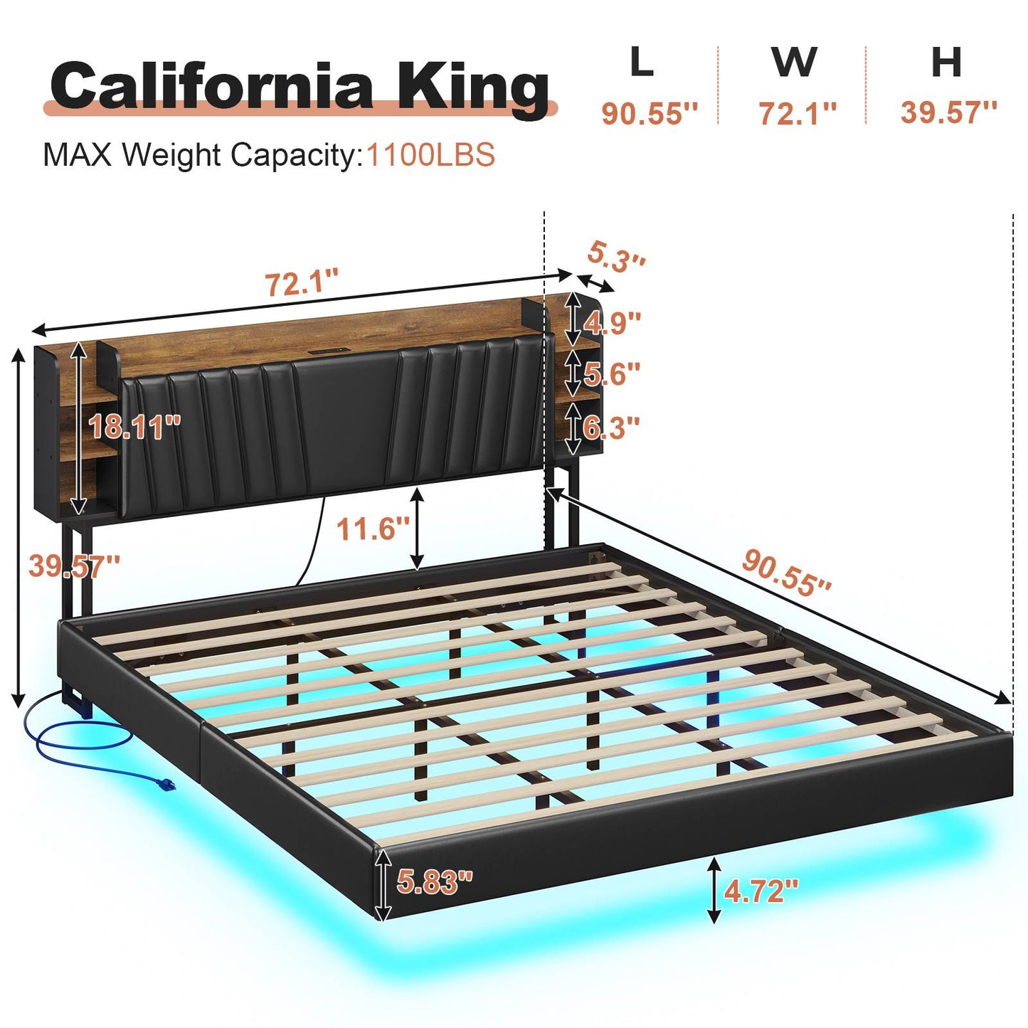 Hasuit | California King Floating Bed Frame with Hidden Storage Headboard and Charging Station Cal King Size Visual Floating Platform Bed with Led Lights