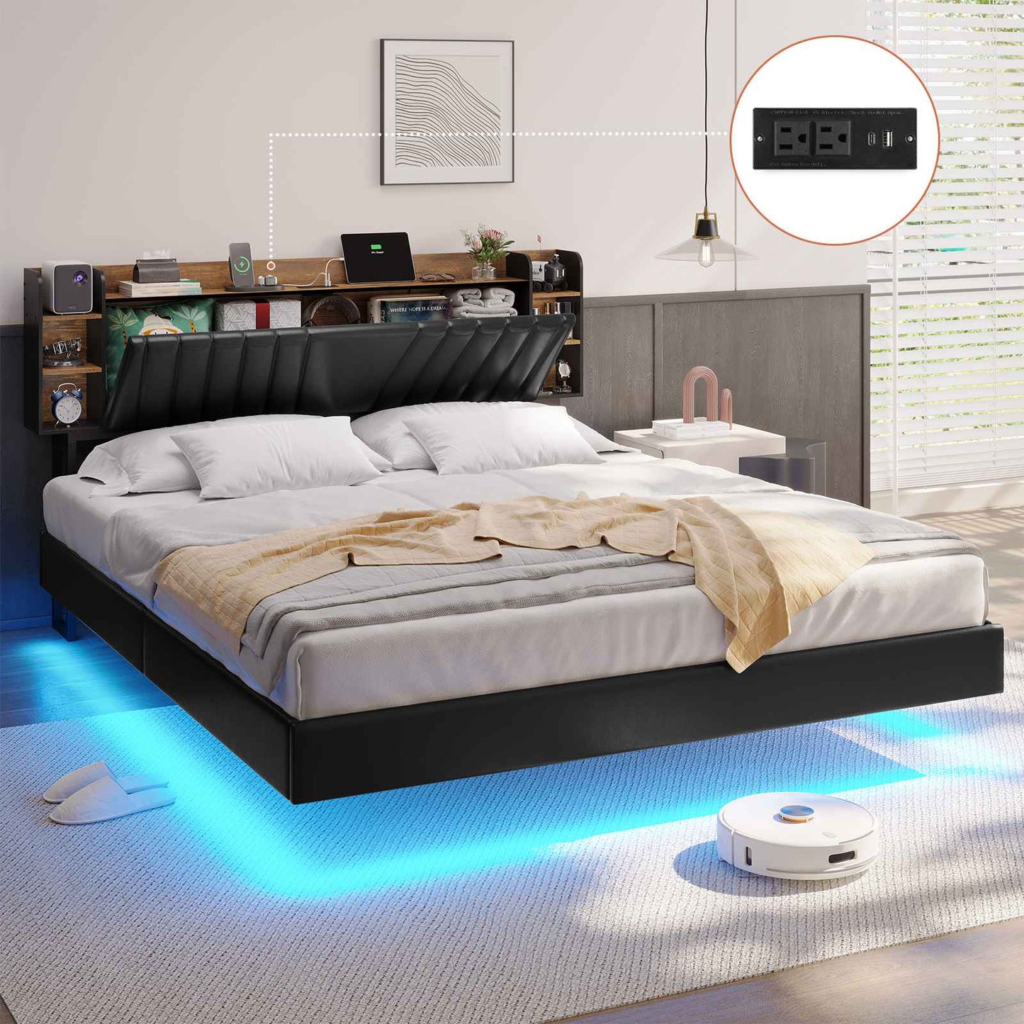 Hasuit | California King Floating Bed Frame with Hidden Storage Headboard and Charging Station Cal King Size Visual Floating Platform Bed with Led Lights