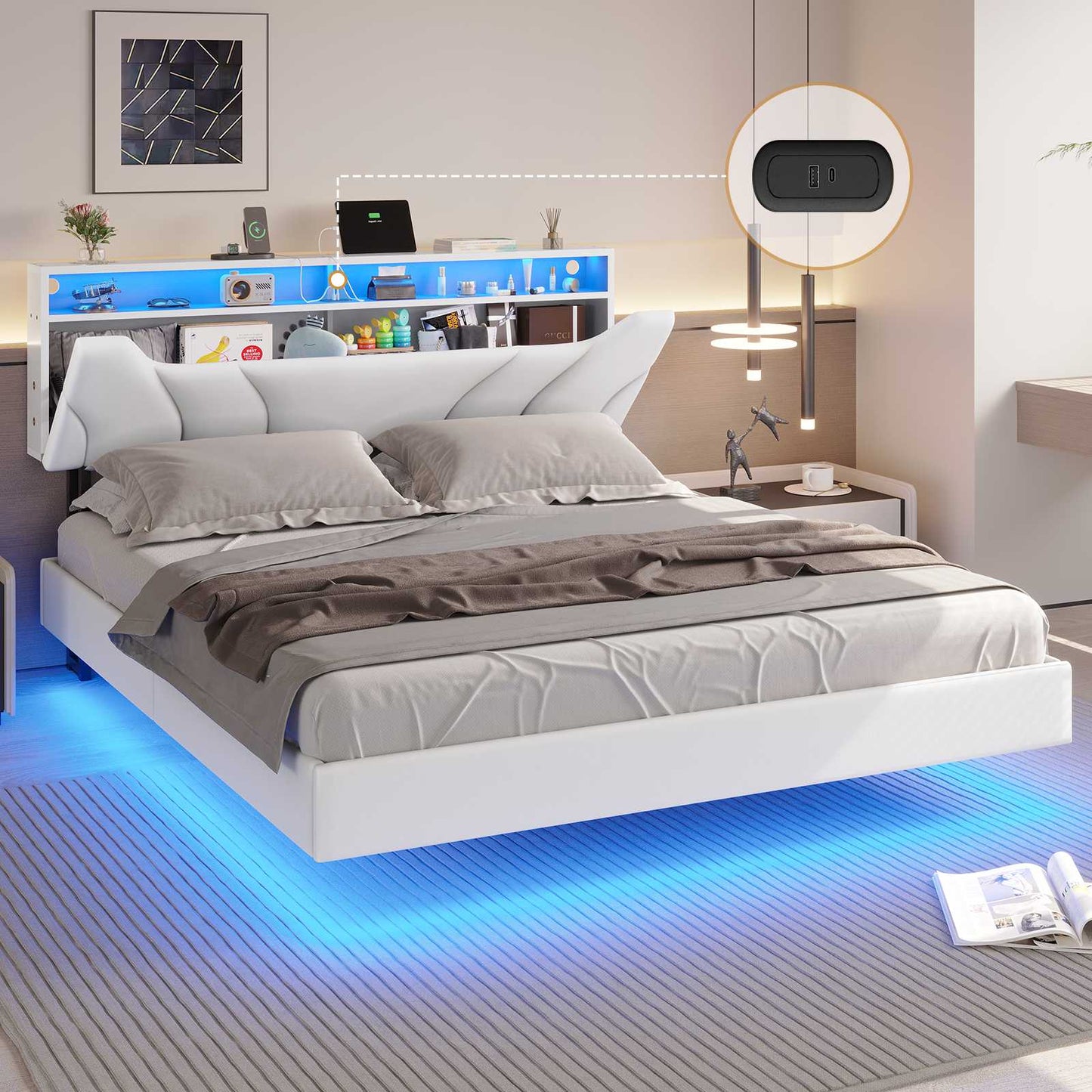 Hasuit | Floating Bed Frame Full Size with led Lights and Hidden Storage Headboard Full Led Visual Bed with Outlets Faux Leather Upholstered Platform Bed