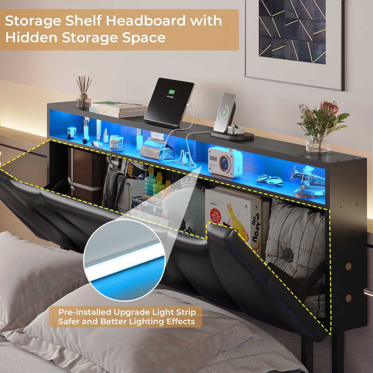Hasuit | Floating Bed Frame Full Size with led Lights and Hidden Storage Headboard Full Led Visual Bed with Outlets Faux Leather Upholstered Platform Bed