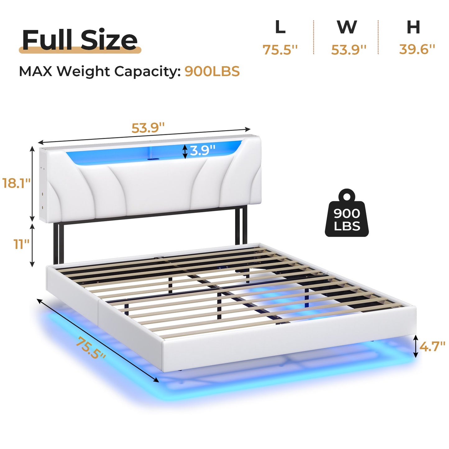 Hasuit | Floating Bed Frame Full Size with led Lights and Hidden Storage Headboard Full Led Visual Bed with Outlets Faux Leather Upholstered Platform Bed