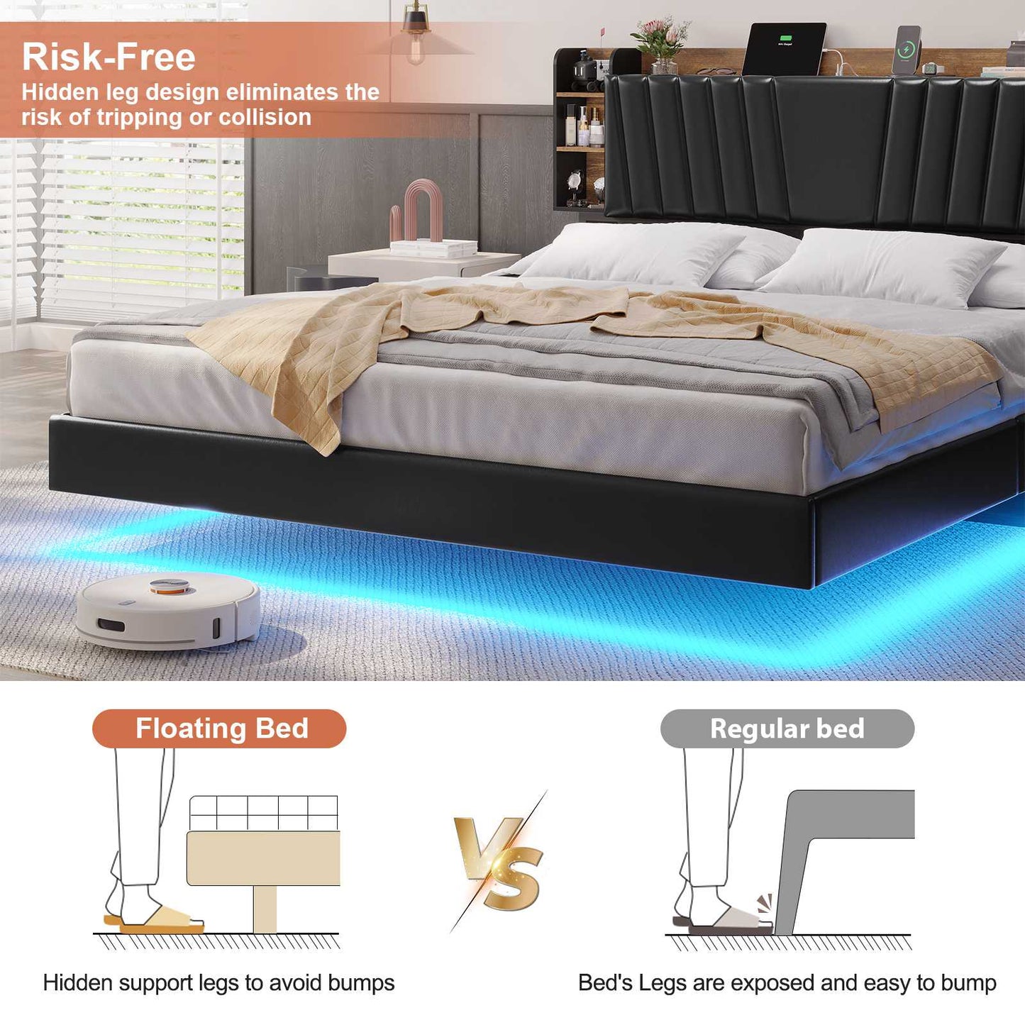 Hasuit | California King Floating Bed Frame with Hidden Storage Headboard and Charging Station Cal King Size Visual Floating Platform Bed with Led Lights