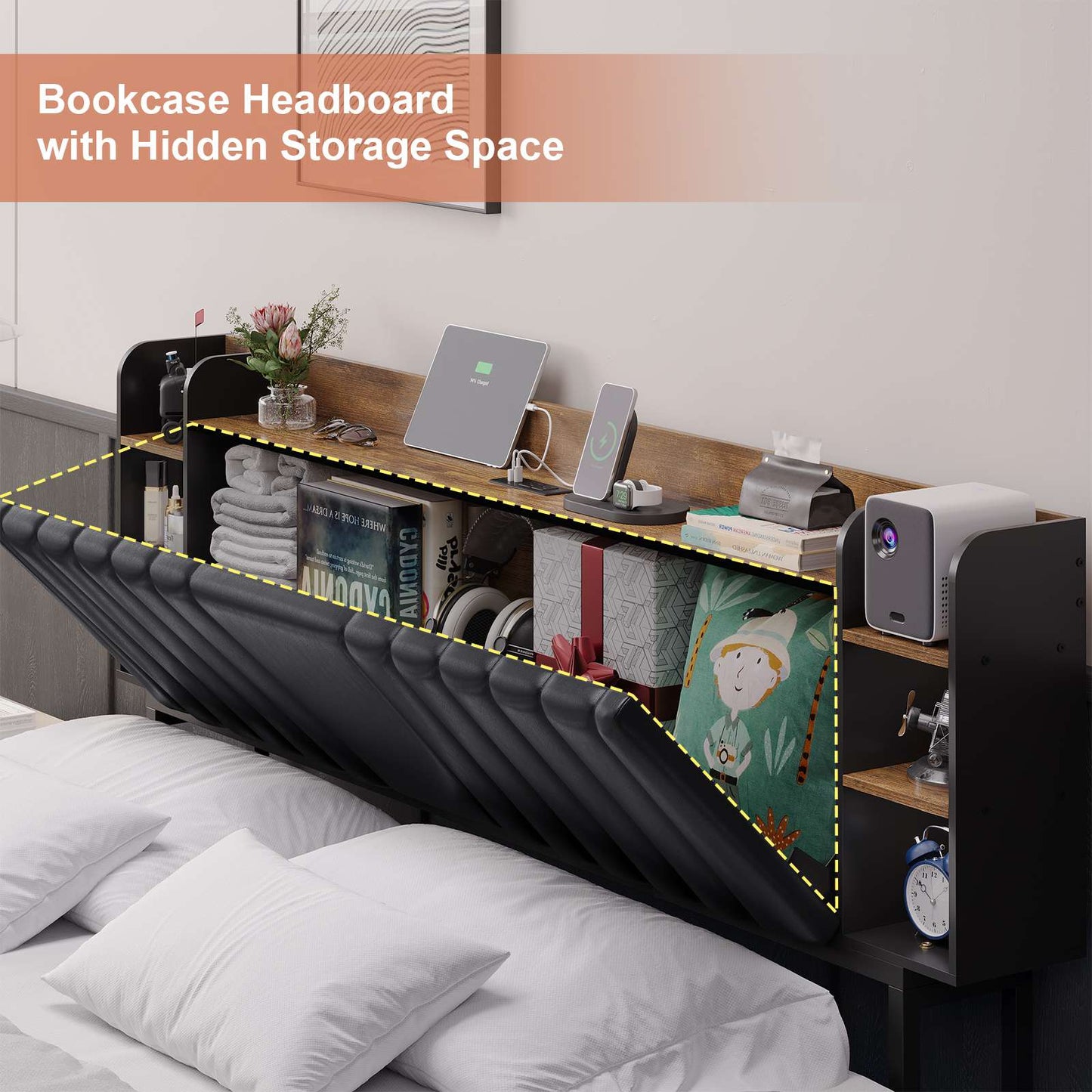 Hasuit | California King Floating Bed Frame with Hidden Storage Headboard and Charging Station Cal King Size Visual Floating Platform Bed with Led Lights
