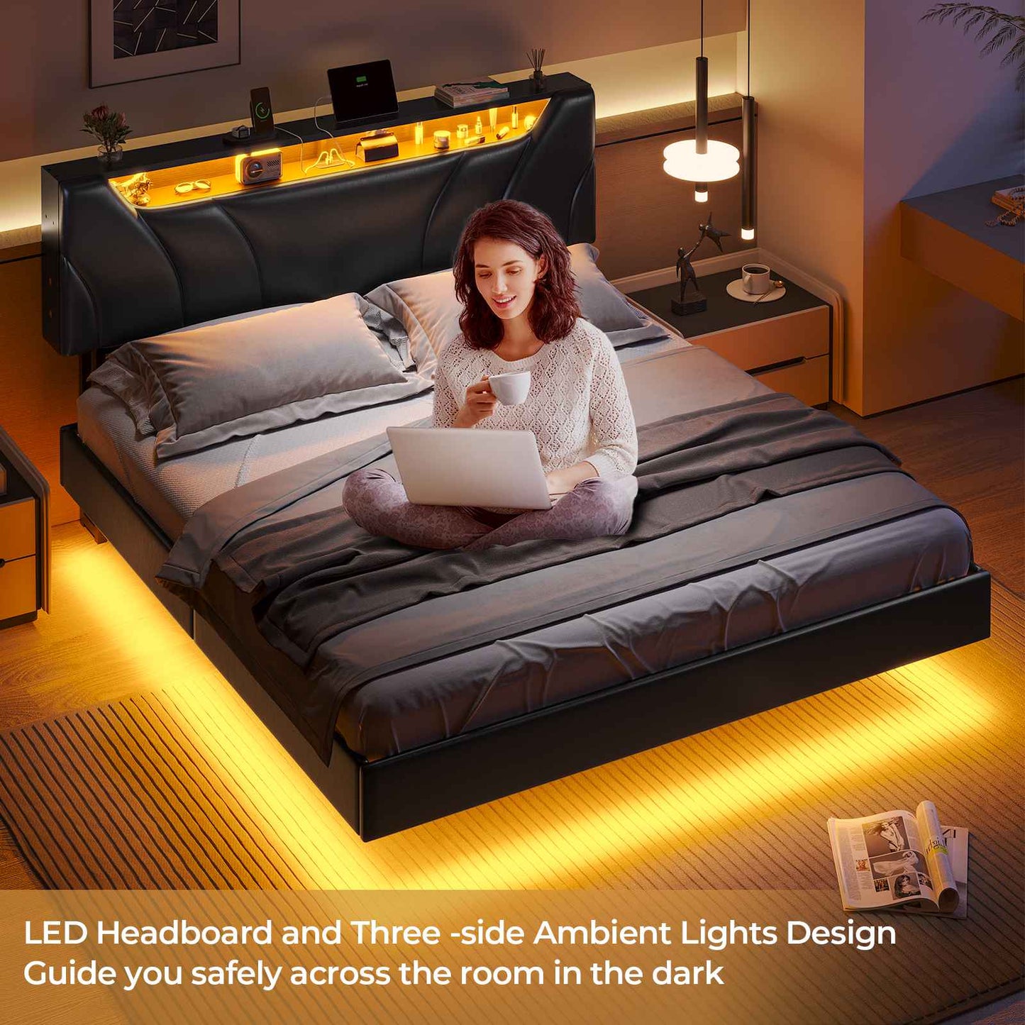 Hasuit | Floating Bed Frame Full Size with led Lights and Hidden Storage Headboard Full Led Visual Bed with Outlets Faux Leather Upholstered Platform Bed