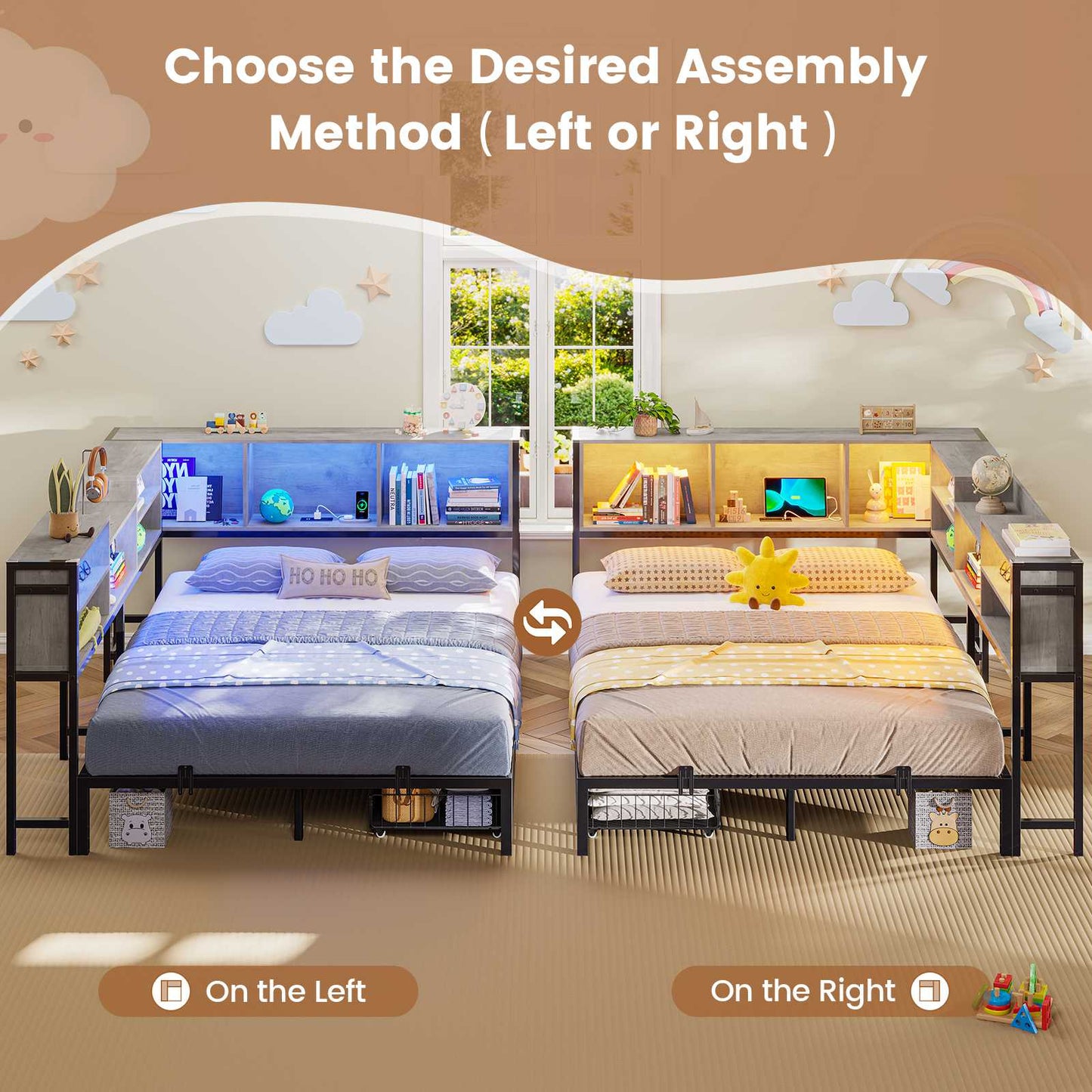 Hasuit | Corner Bed Frame with Storage Bookcase Teenagers Daybed with 2 Underneath Storage Drawers Kids Bed Unit with Charging Station and LED Light Three Sizes Oak Gray