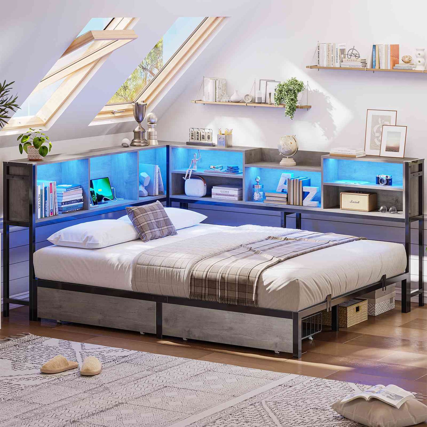Hasuit | Corner Bed Frame with Storage Bookcase Teenagers Daybed with 2 Underneath Storage Drawers Kids Bed Unit with Charging Station and LED Light Three Sizes Oak Gray