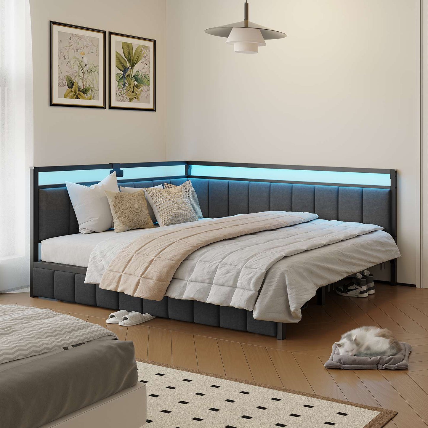 Hasuit | Corner Bed Frame with Storage Drawers Daybed with Line Fabric Upholstered Fence Kids Bed with LED Light and Charging Station Gray Three Sizes