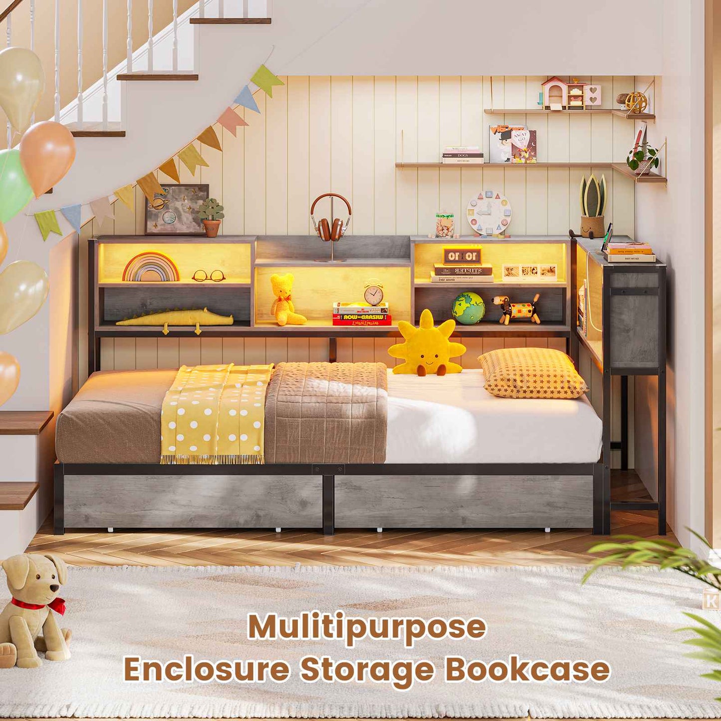 Hasuit | Corner Bed Frame with Storage Bookcase Teenagers Daybed with 2 Underneath Storage Drawers Kids Bed Unit with Charging Station and LED Light Three Sizes Oak Gray