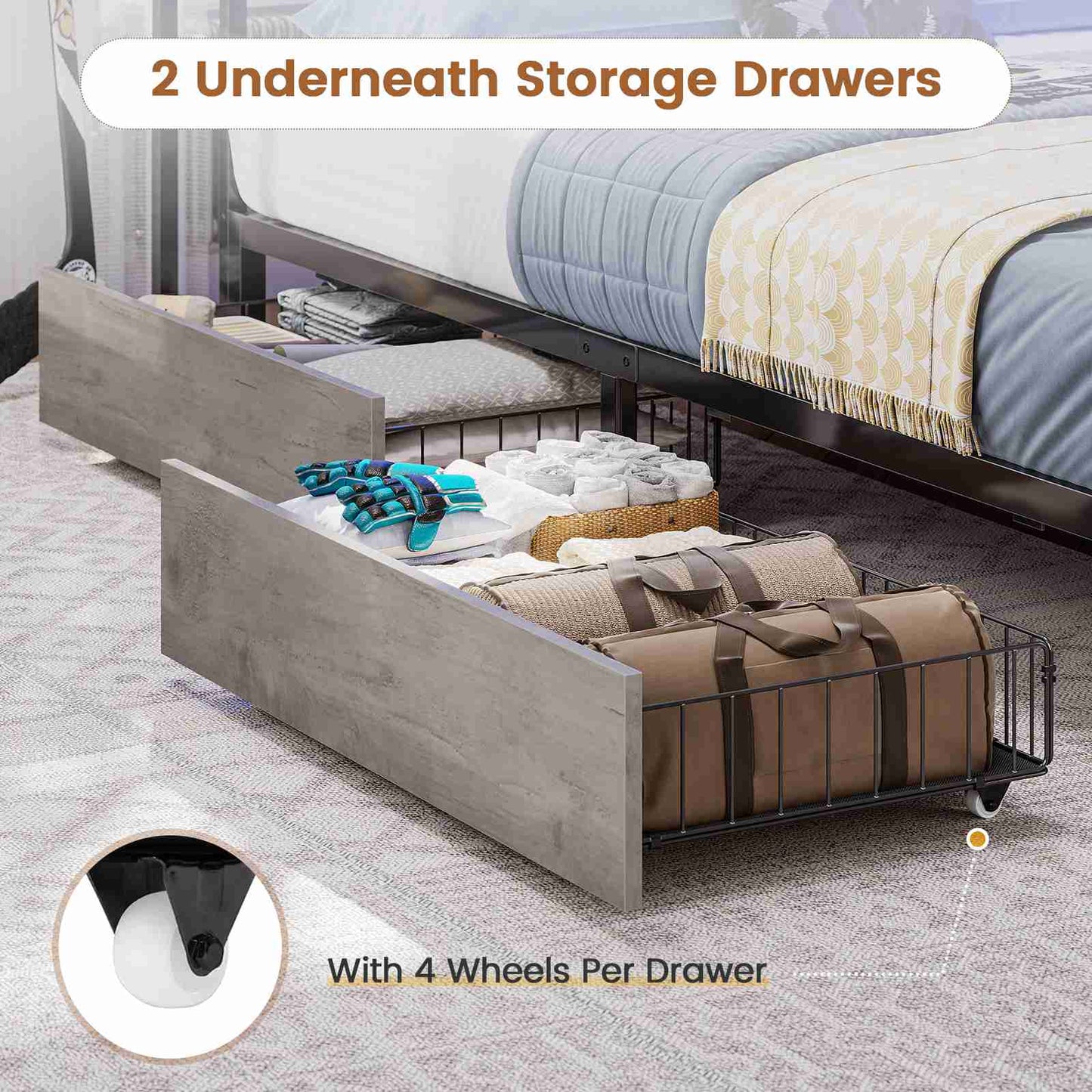 Hasuit | Corner Bed Frame with Storage Bookcase Teenagers Daybed with 2 Underneath Storage Drawers Kids Bed Unit with Charging Station and LED Light Three Sizes Oak Gray