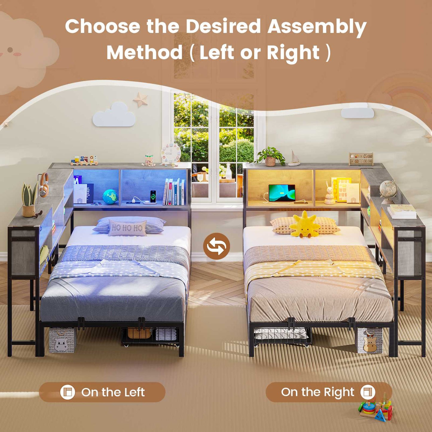 Hasuit | Corner Bed Frame with Storage Bookcase Teenagers Daybed with 2 Underneath Storage Drawers Kids Bed Unit with Charging Station and LED Light Three Sizes Oak Gray
