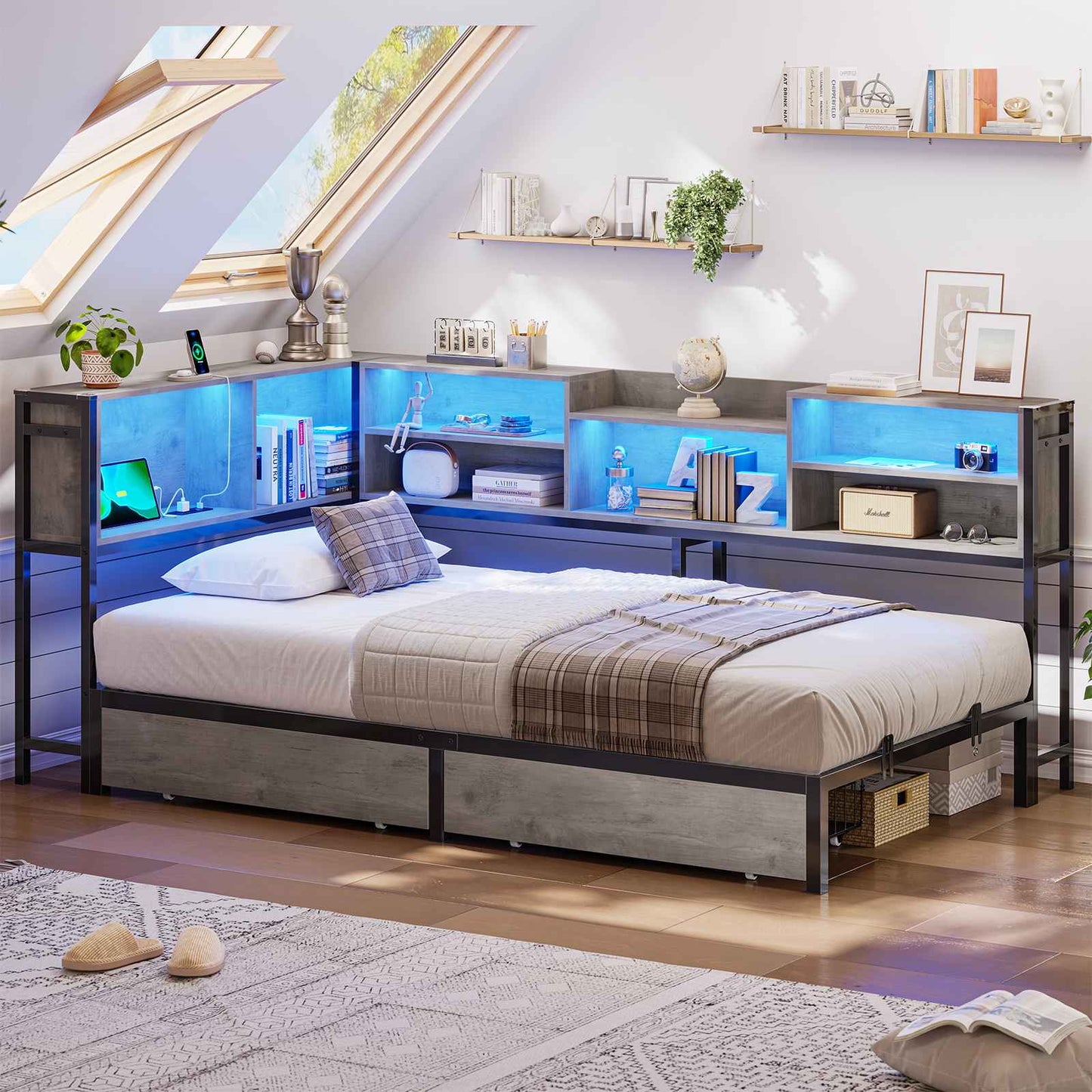 Hasuit | Corner Bed Frame with Storage Bookcase Teenagers Daybed with 2 Underneath Storage Drawers Kids Bed Unit with Charging Station and LED Light Three Sizes Oak Gray