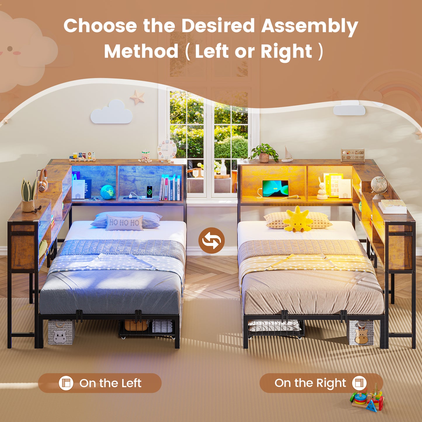 Hasuit | Corner Bed Frame with Storage Bookcase Teenagers Daybed with 2 Underneath Storage Drawers Kids Bed Unit with Charging Station and LED Light Twin Size Rustic Brown