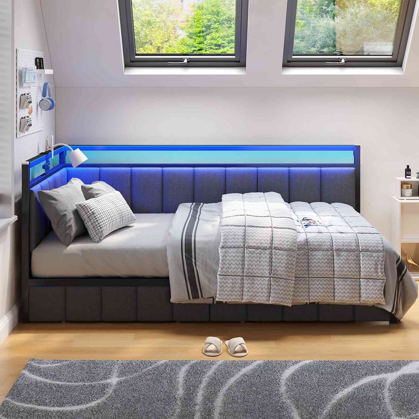Hasuit | Corner Bed Frame with Storage Drawers Daybed with Line Fabric Upholstered Fence Kids Bed with LED Light and Charging Station Gray Three Sizes