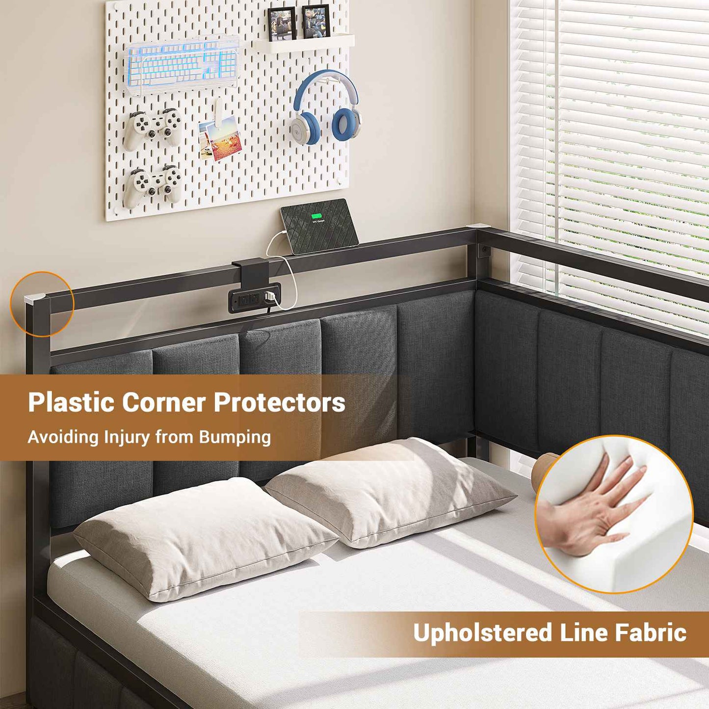 Hasuit | Corner Bed Frame with Storage Drawers Daybed with Line Fabric Upholstered Fence Kids Bed with LED Light and Charging Station Gray Three Sizes