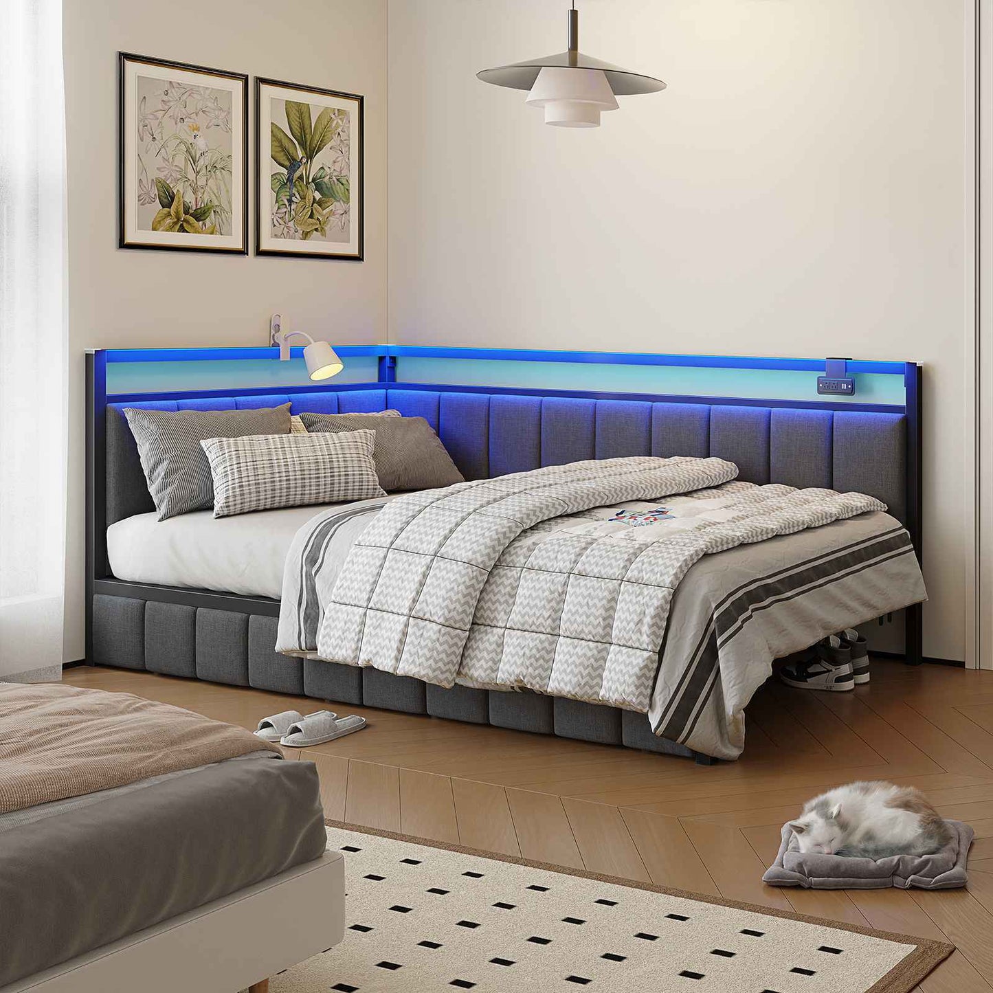 Hasuit | Corner Bed Frame with Storage Drawers Daybed with Line Fabric Upholstered Fence Kids Bed with LED Light and Charging Station Gray Three Sizes