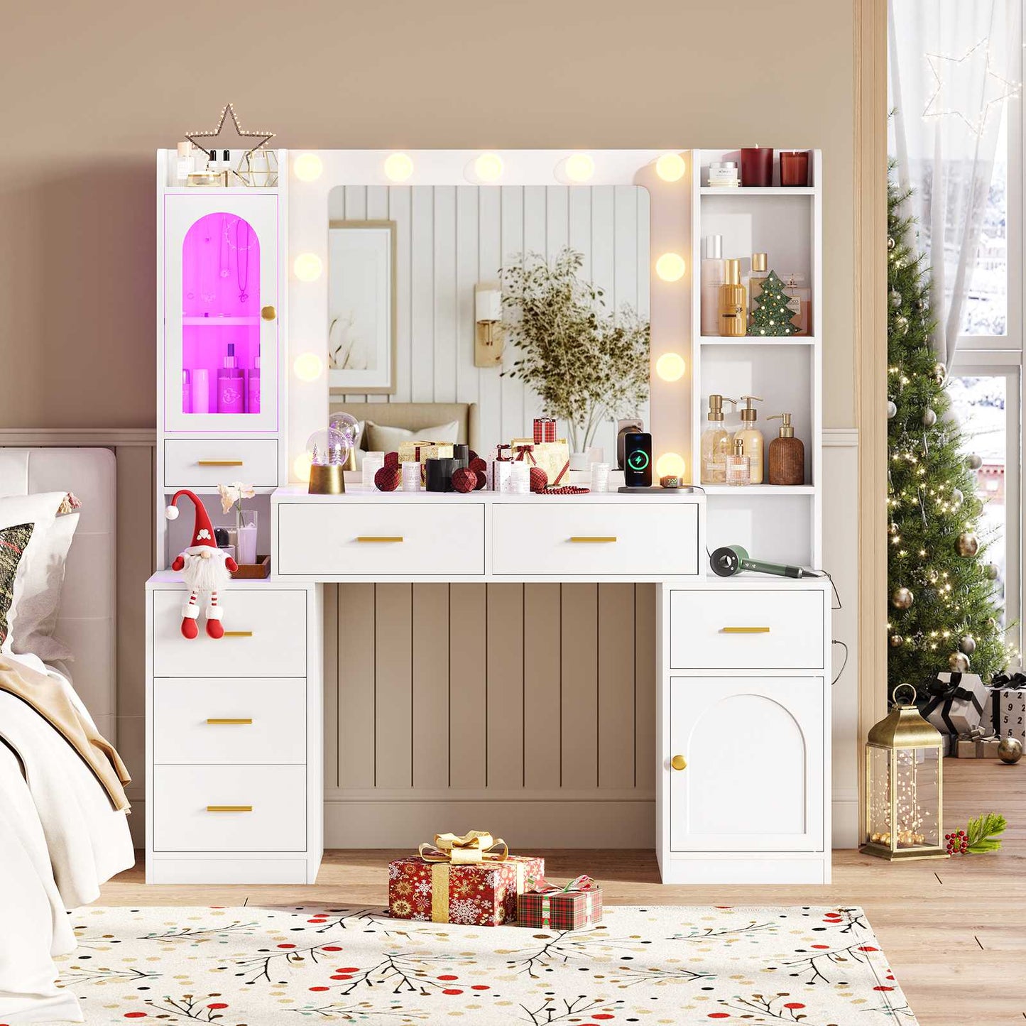 Hasuit | 49.8 Inch Vanity Desk with Mirror and LED Lights Large Makeup Desk with 7 Drawers Storage Shelves and Charging Station White