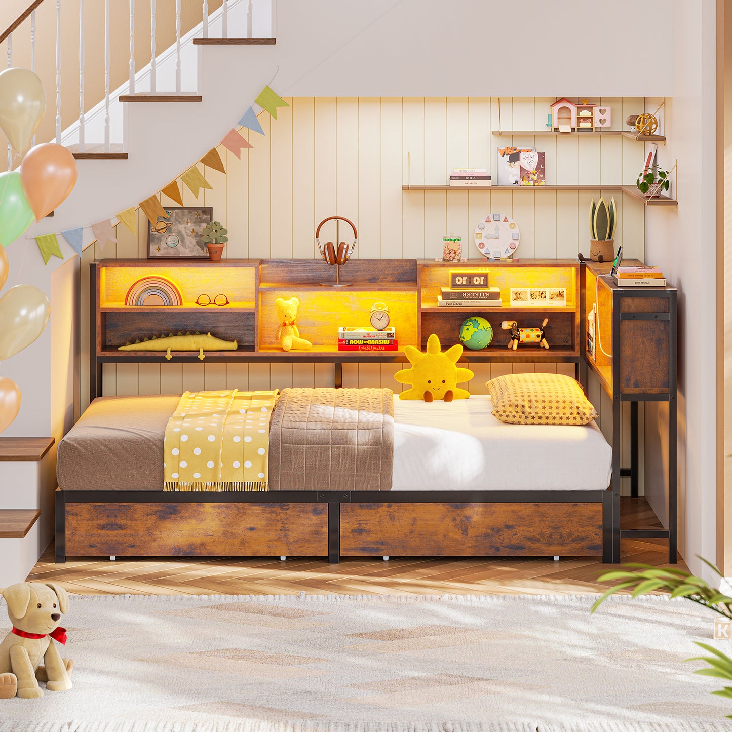 Hasuit | Corner Bed Frame with Storage Bookcase Teenagers Daybed with 2 Underneath Storage Drawers Kids Bed Unit with Charging Station and LED Light Twin Size Rustic Brown