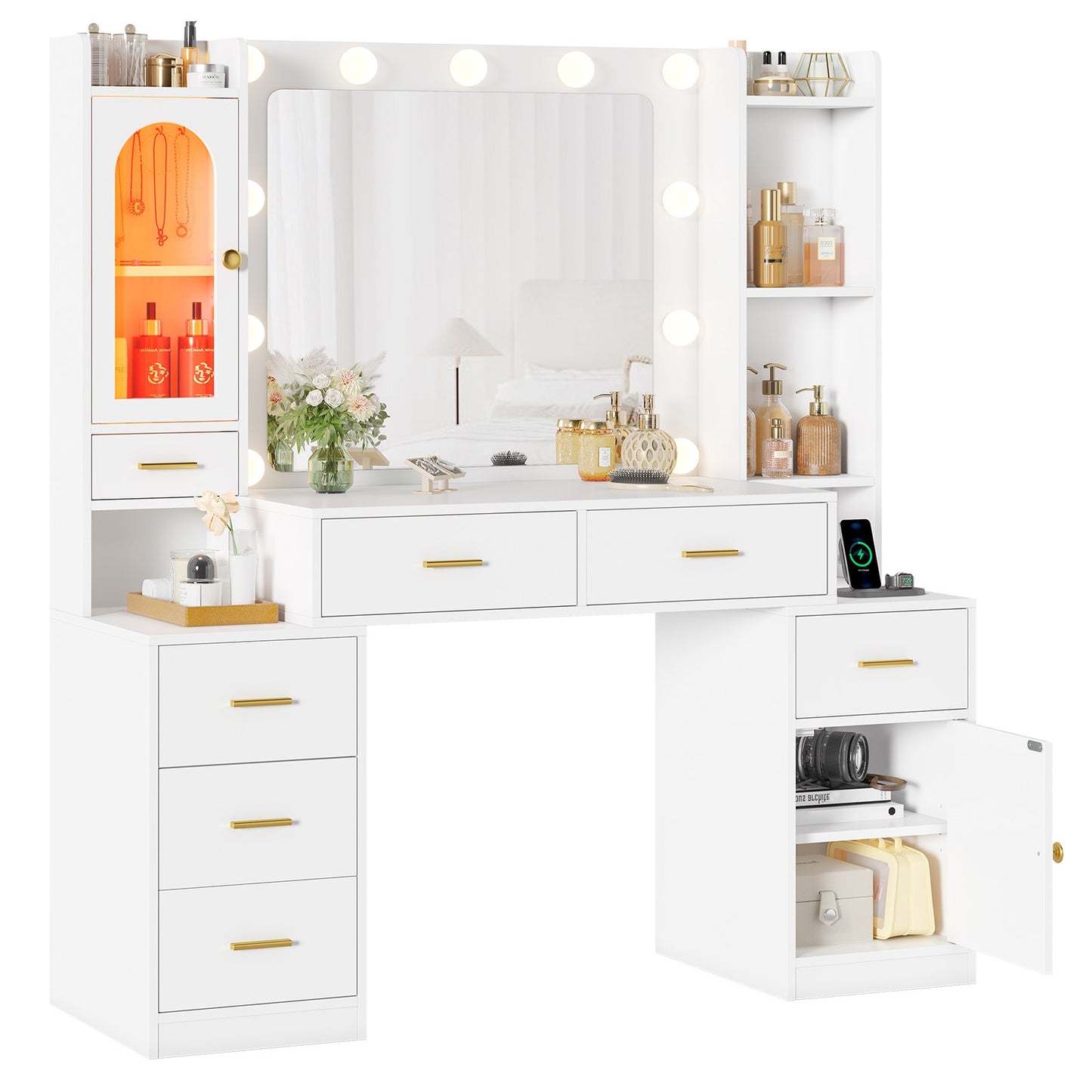 Hasuit | 49.8 Inch Vanity Desk with Mirror and LED Lights Large Makeup Desk with 7 Drawers Storage Shelves and Charging Station White