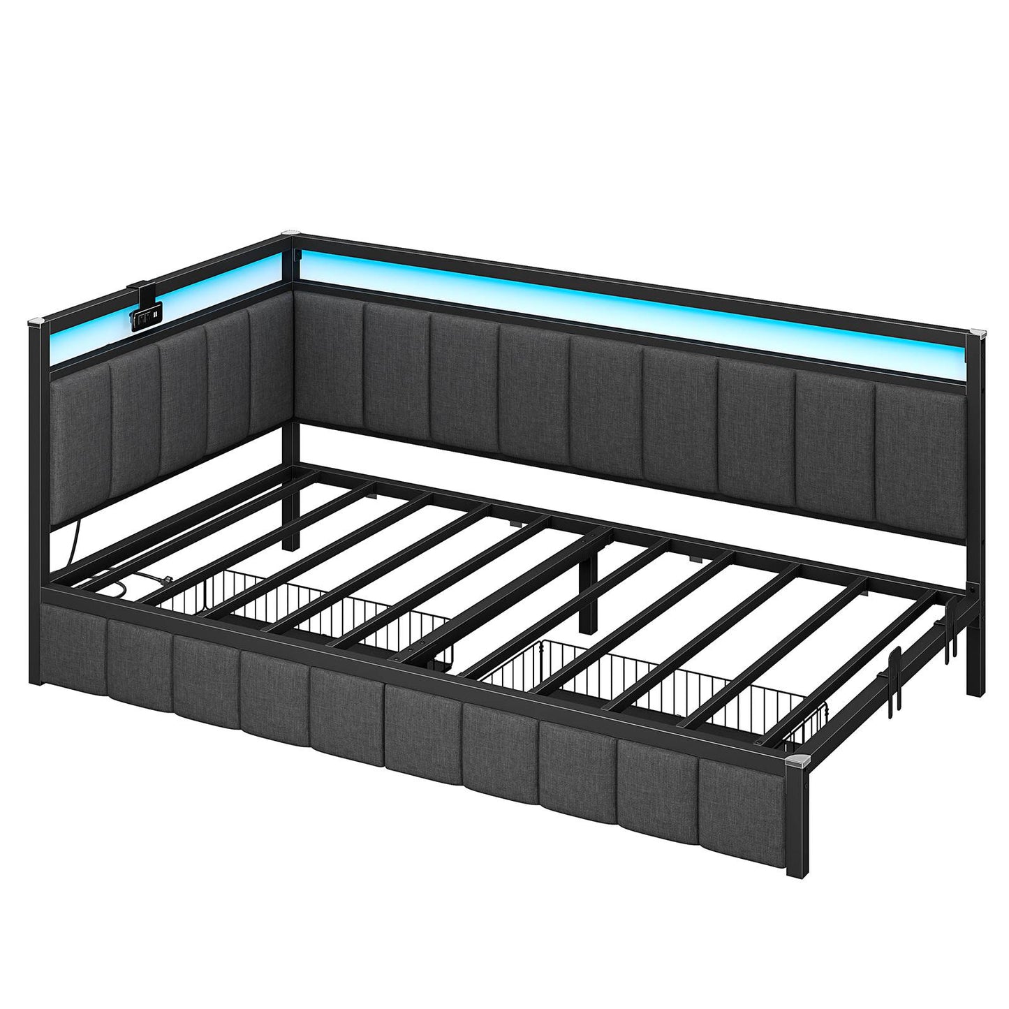 Hasuit | Corner Bed Frame with Storage Drawers Daybed with Line Fabric Upholstered Fence Kids Bed with LED Light and Charging Station Gray Three Sizes