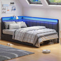 Hasuit | Corner Bed Frame with Storage Drawers Daybed with Line Fabric Upholstered Fence Kids Bed with LED Light and Charging Station Gray Three Sizes