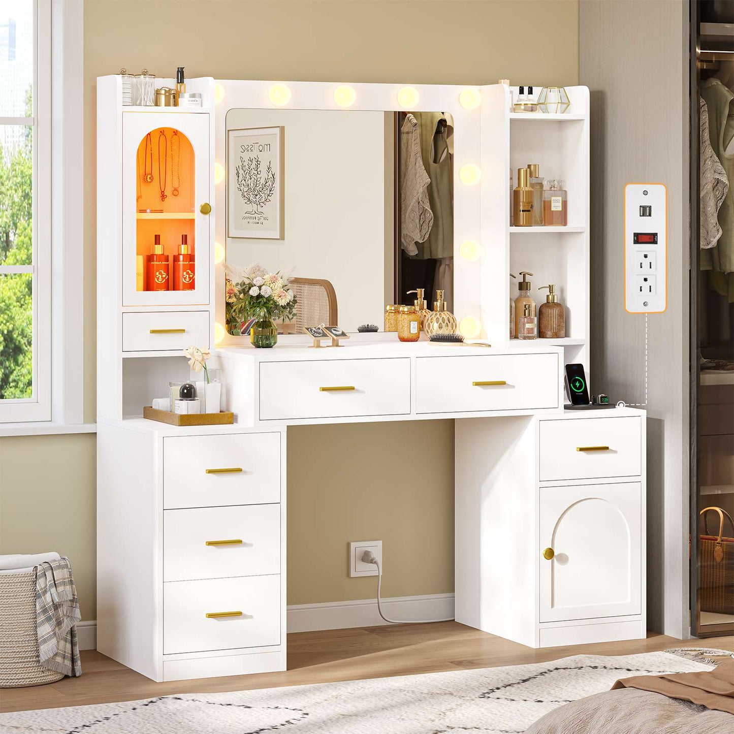 Hasuit | 49.8 Inch Vanity Desk with Mirror and LED Lights Large Makeup Desk with 7 Drawers Storage Shelves and Charging Station White