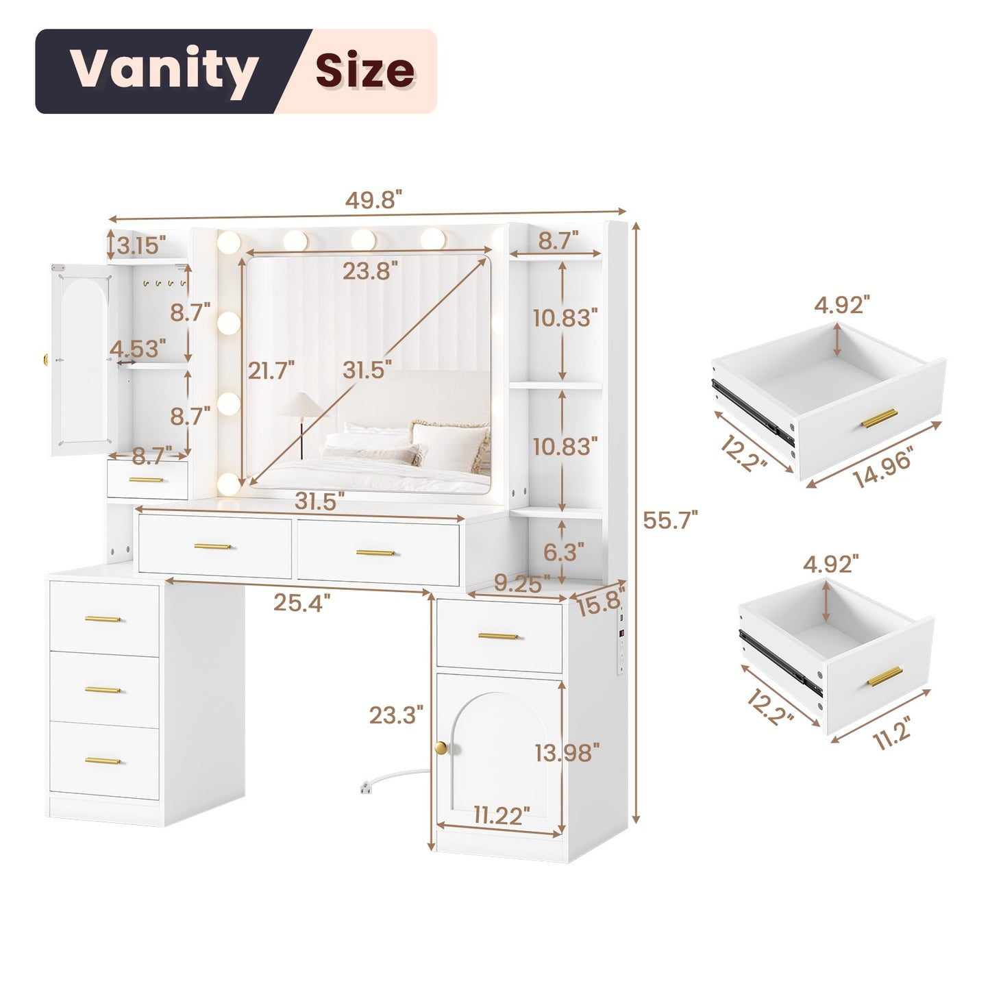 Hasuit | 49.8 Inch Vanity Desk with Mirror and LED Lights Large Makeup Desk with 7 Drawers Storage Shelves and Charging Station White