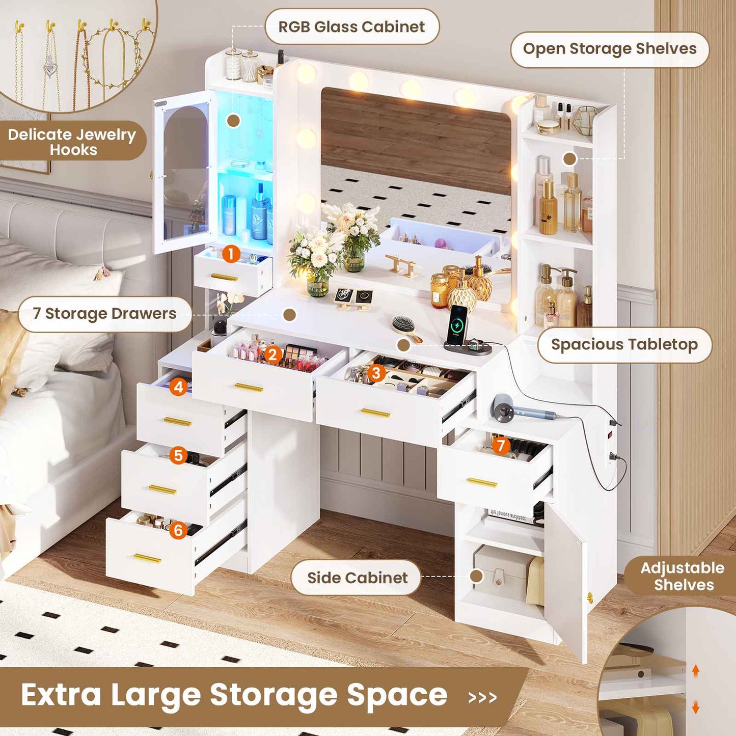 Hasuit | 49.8 Inch Vanity Desk with Mirror and LED Lights Large Makeup Desk with 7 Drawers Storage Shelves and Charging Station White