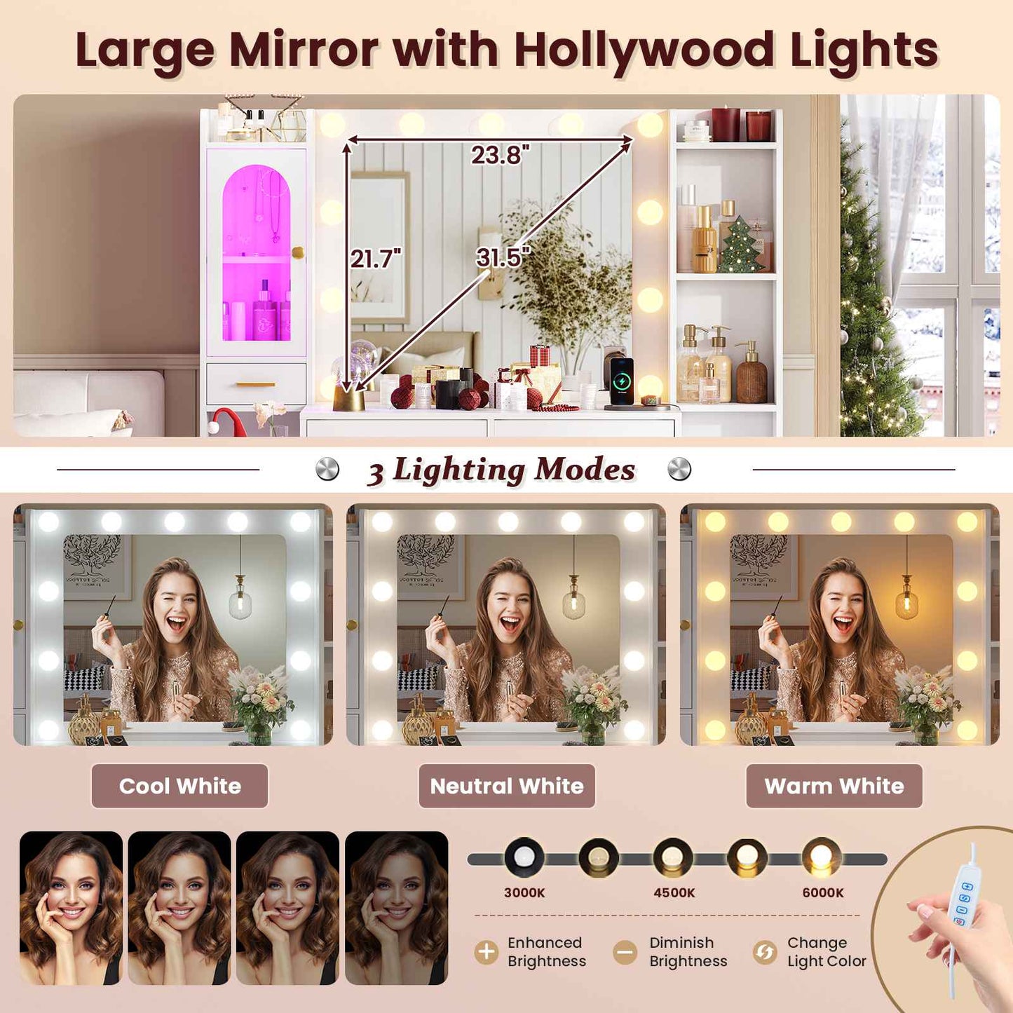 Hasuit | 49.8 Inch Vanity Desk with Mirror and LED Lights Large Makeup Desk with 7 Drawers Storage Shelves and Charging Station White