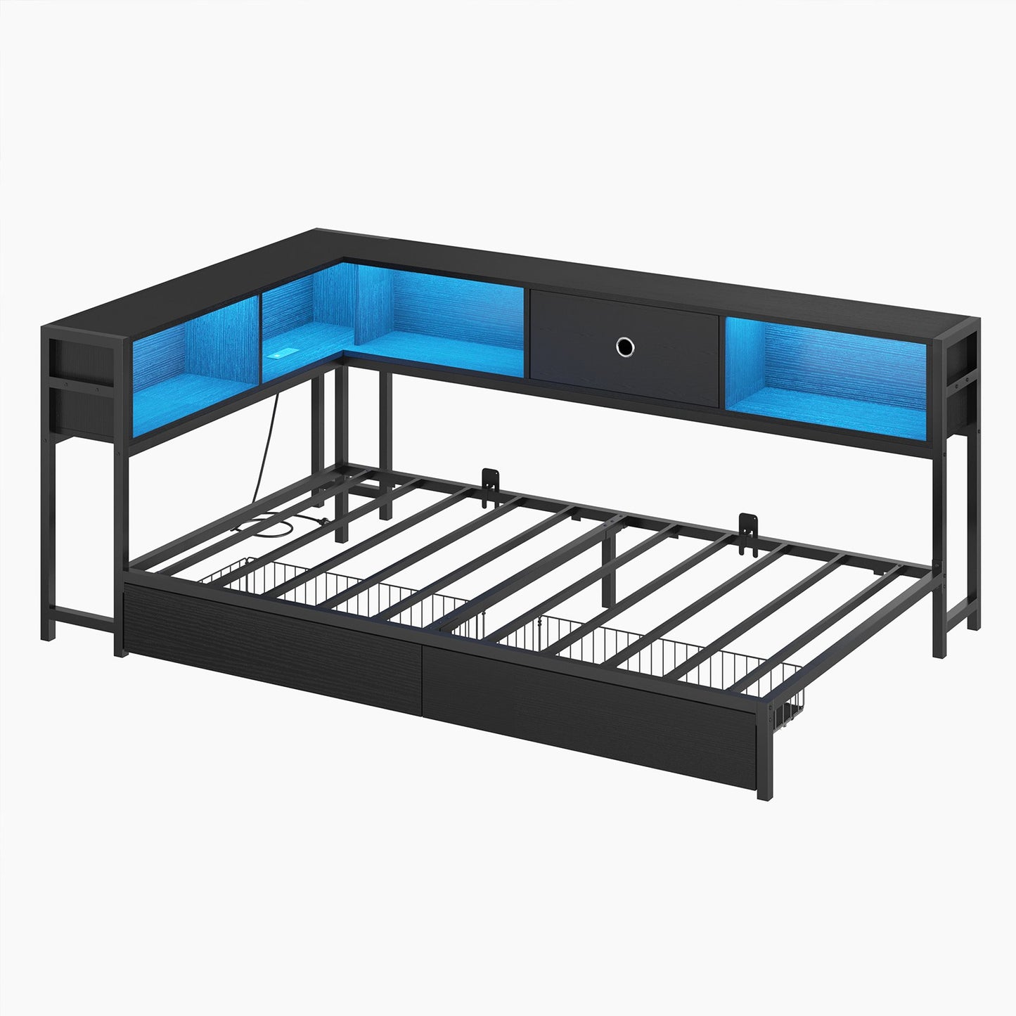 Hasuit | Corner Bed Frame with Storage Bookcase Day Bed with Charging Station and LED Lights Convertible Beds for Kids Teens Black Three Sizes