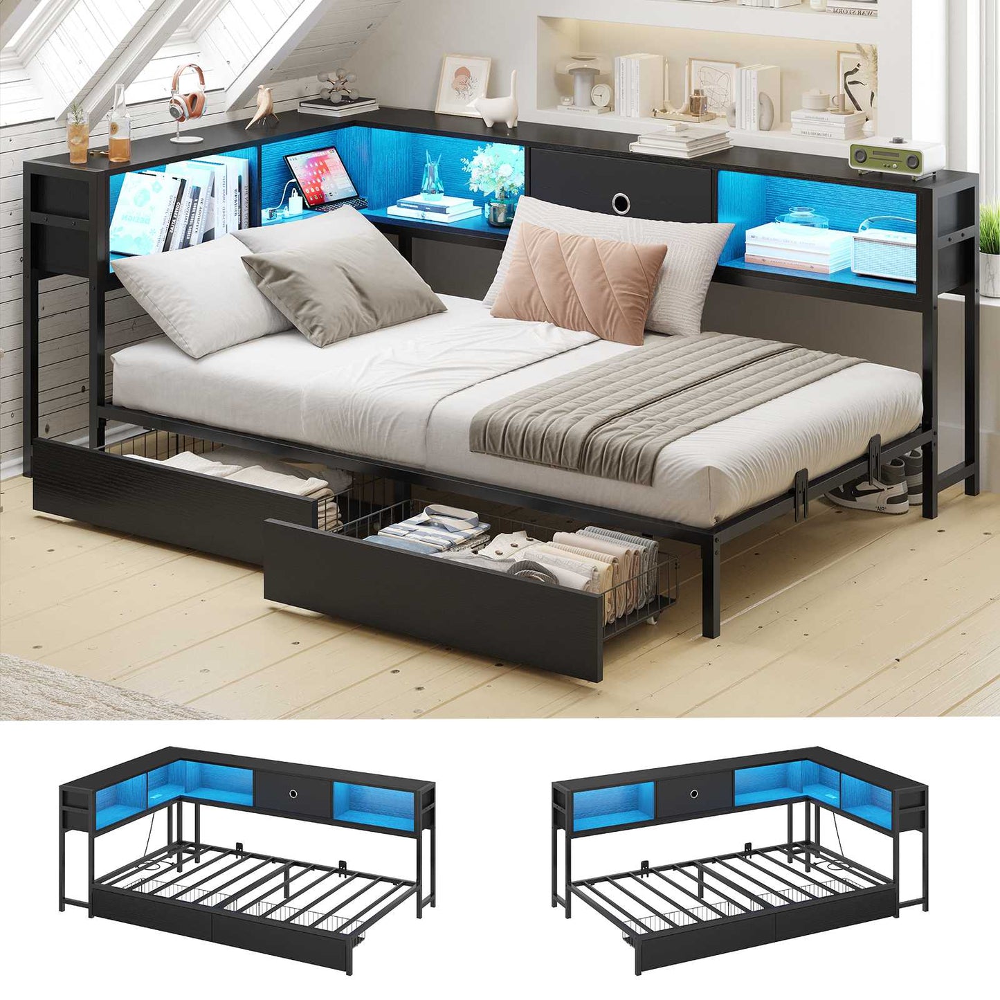 Hasuit | Corner Bed Frame with Storage Bookcase Day Bed with Charging Station and LED Lights Convertible Beds for Kids Teens Black Three Sizes