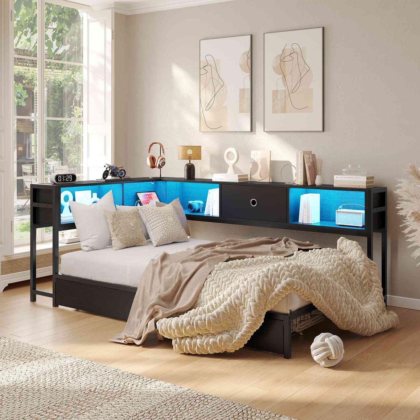 Hasuit | Corner Bed Frame with Storage Bookcase Day Bed with Charging Station and LED Lights Convertible Beds for Kids Teens Black Three Sizes