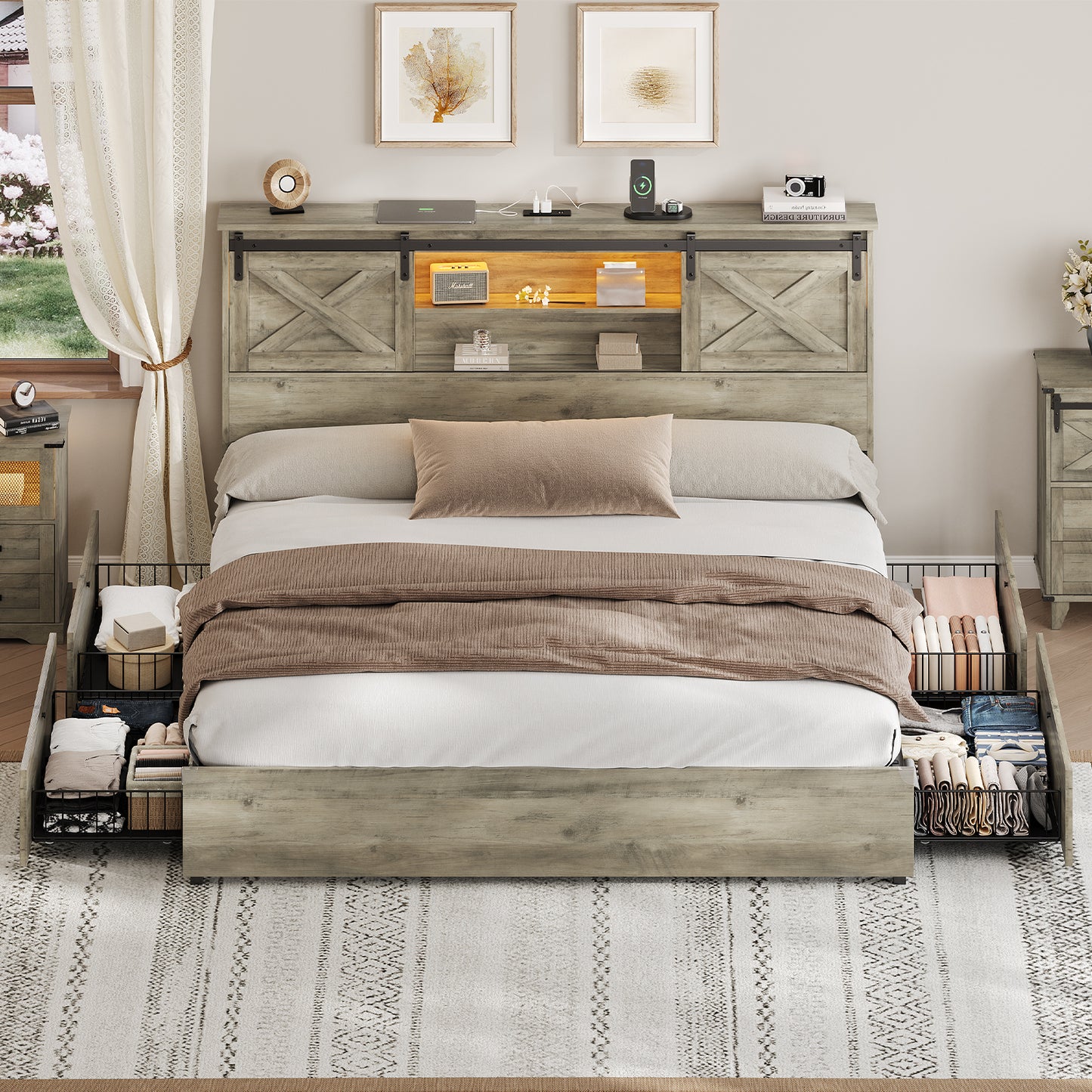 Hasuit | Farmhouse Bed Frame with 4 Storage Drawers Wooden Platform Rustic Beds with Charging Station and LED Lights Rustic Oak