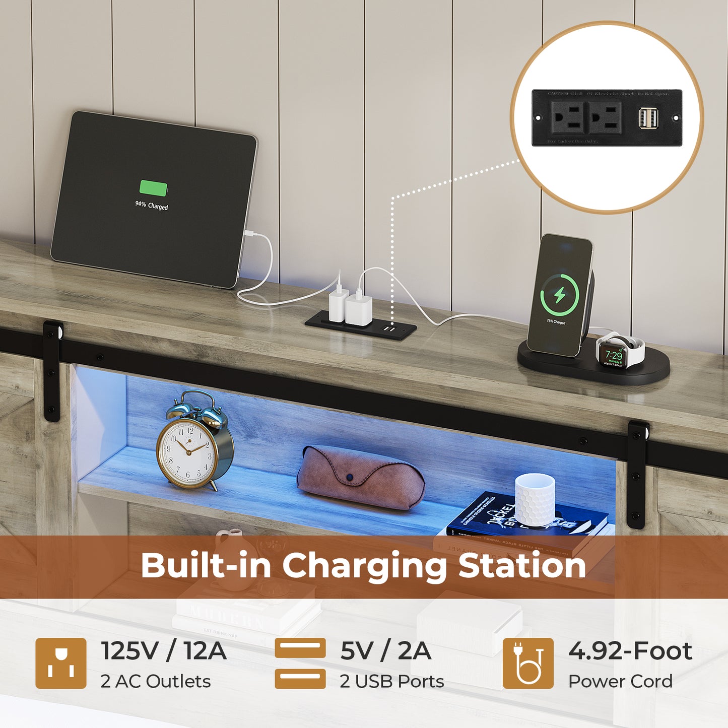 Hasuit | Farmhouse Bed Frame with 4 Storage Drawers Wooden Platform Rustic Beds with Charging Station and LED Lights Rustic Oak